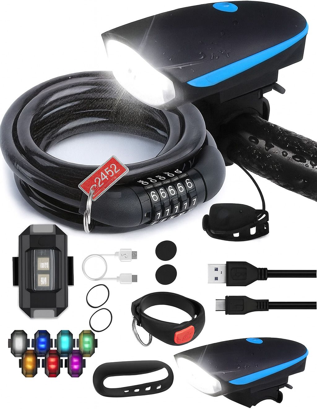 Premium Cycle Front, Rear & Dual valve light with Horn and Number lock LED Front Rear Light Combo