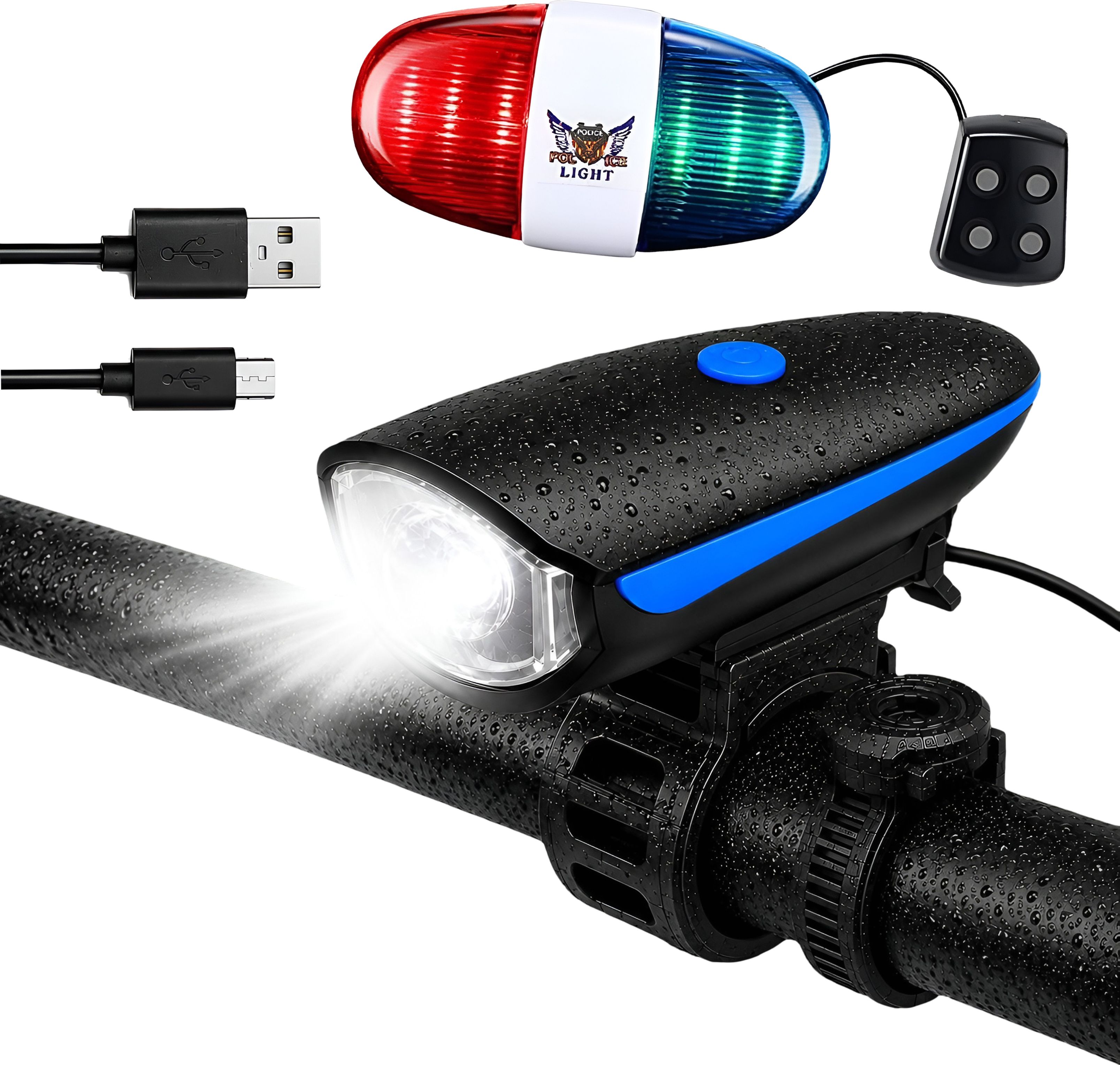 razaiq Waterproof Bicycle Front LED Light with Police Flash & Siren Horn Rechargeable LED Front Rear Light Combo-picture-16