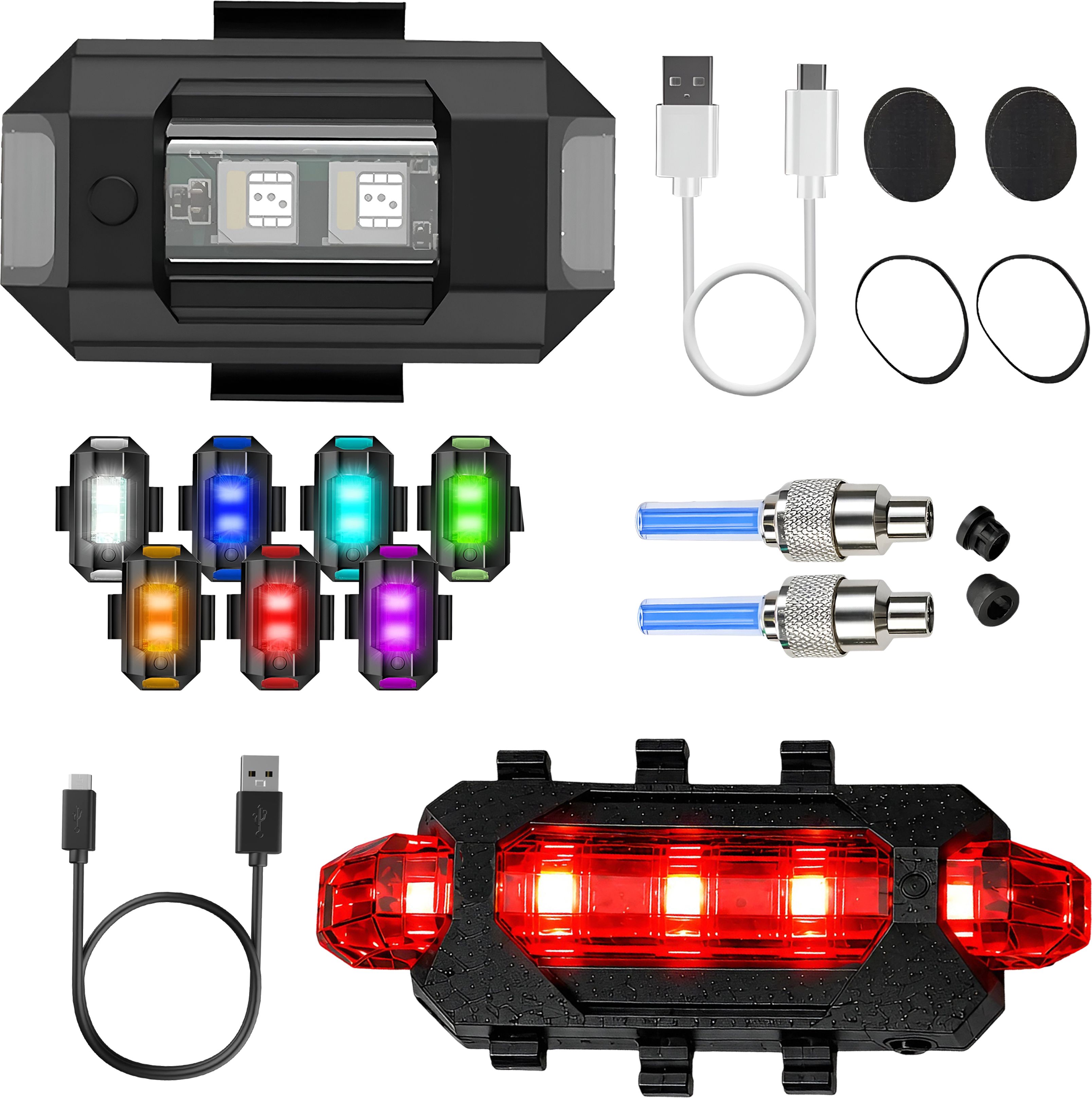 razaiq Aluminum Airplane Light USB Tail Lamp Blue LED Valve Cap Cycling Kit LED Front Rear Light Combo-picture-24