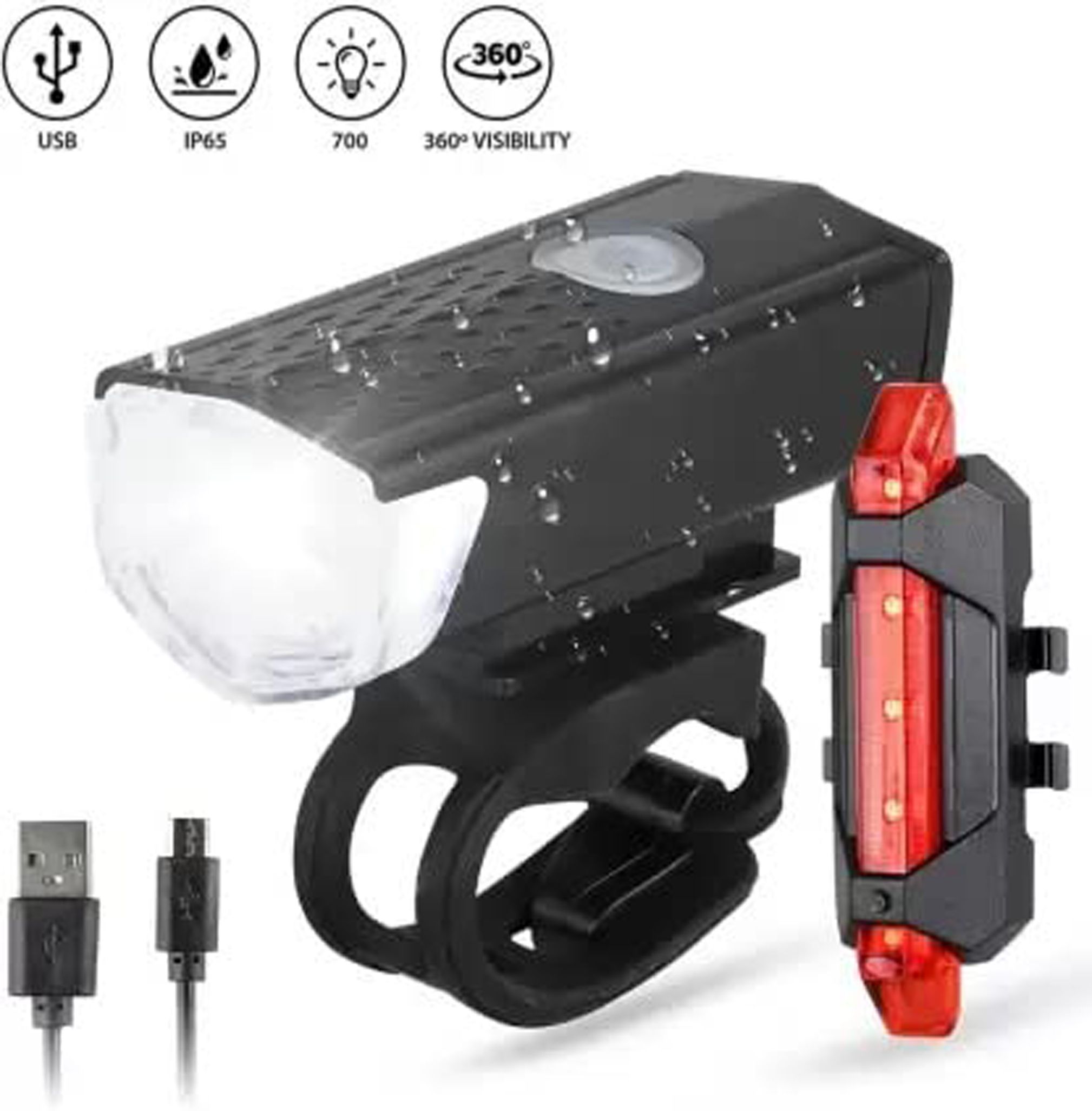 Rechargeable LED Bicycle Light Combo | Front 3 Mode & Rear 5 Mode Waterproof LED Front Rear Light Combo