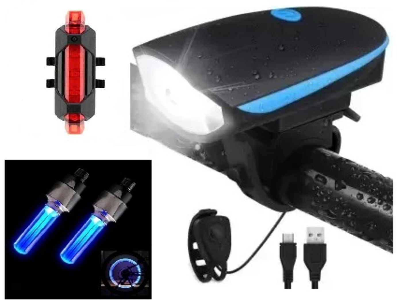USB Rechargeable Cycle Horn with Light Cycle Tail Light Cycle Blue Valve Light LED Front Rear Light Combo
