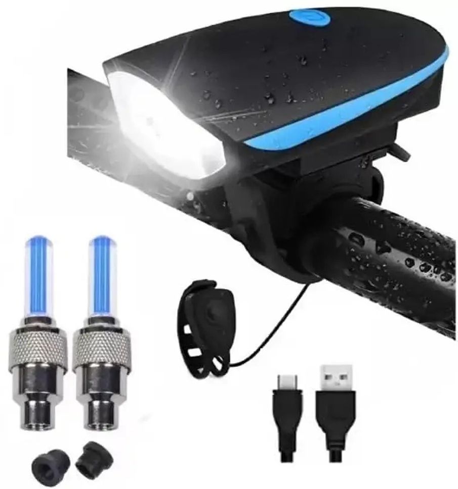 USB Rechargeable Cycle Light & Horn with Tyre Valve Lights LED Front Rear Light Combo-image-2