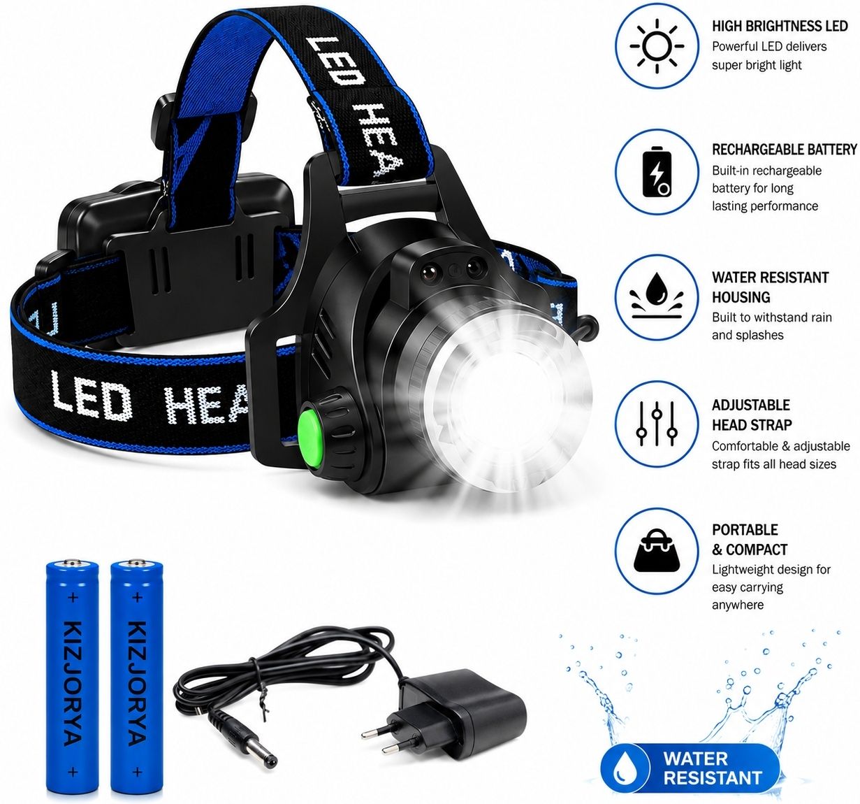 skybucket Rechargeable LED Headlamp Head Torch Water Resistant Flashlight for Fishing LED Headlamp-picture-38