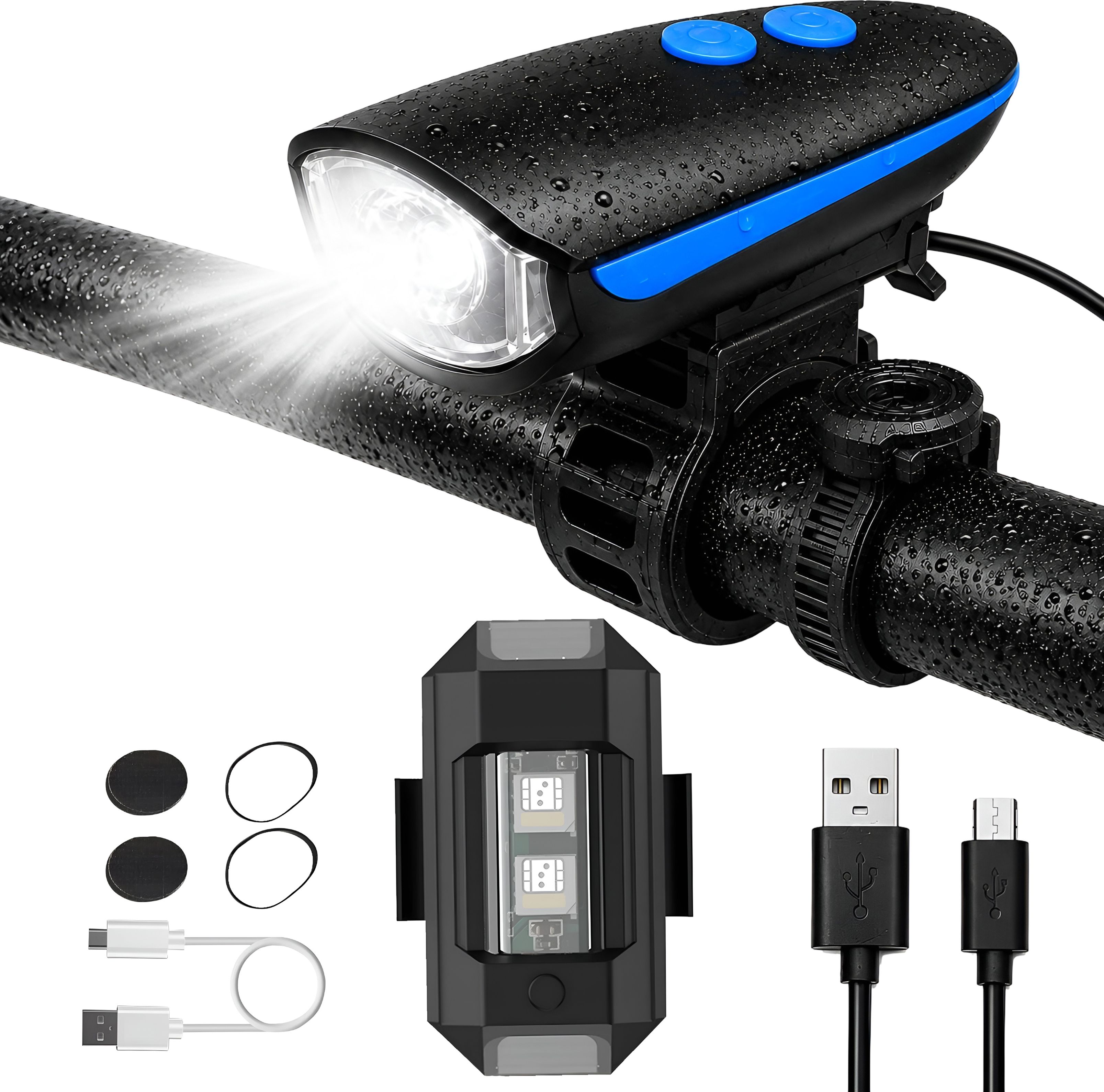 razaiq Waterproof Bicycle Headlight with Horn & 7 Color LED Warning Light LED Front Rear Light Combo-picture-16