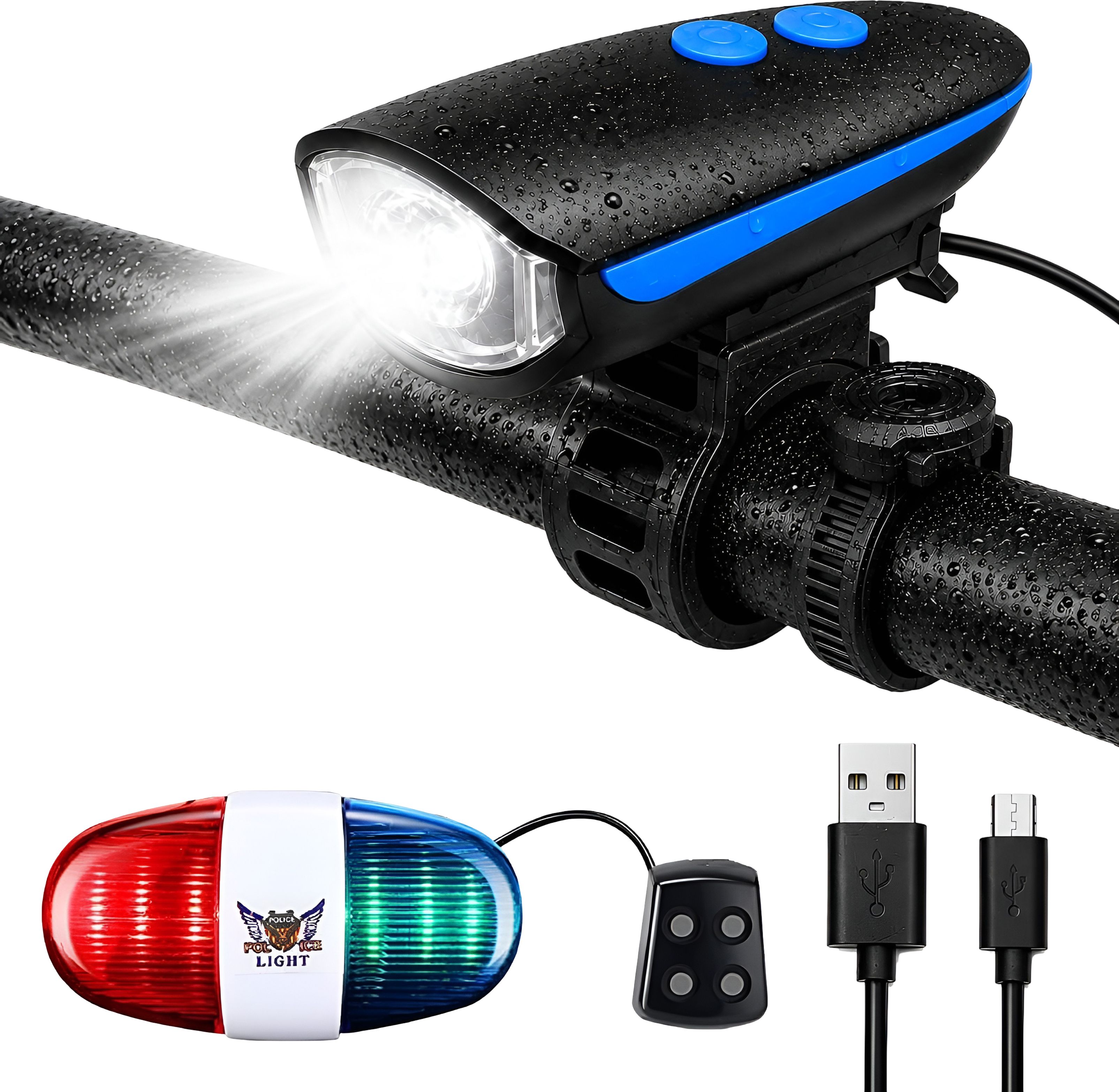 razaiq Rechargeable Cycle Front LED Light with Horn & Warning Flash Waterproof LED Front Rear Light Combo-picture-29