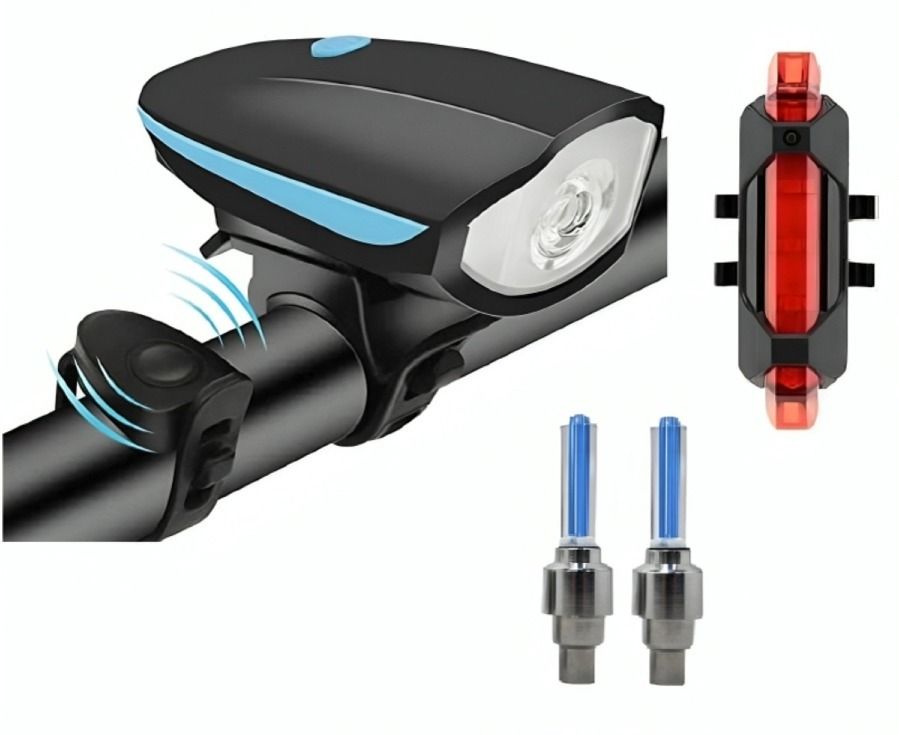 Cycle Light Front with Horn, Rear Tail Light, Tyre Valve Light (Pack of 4) USB LED Front Rear Light Combo-image-42