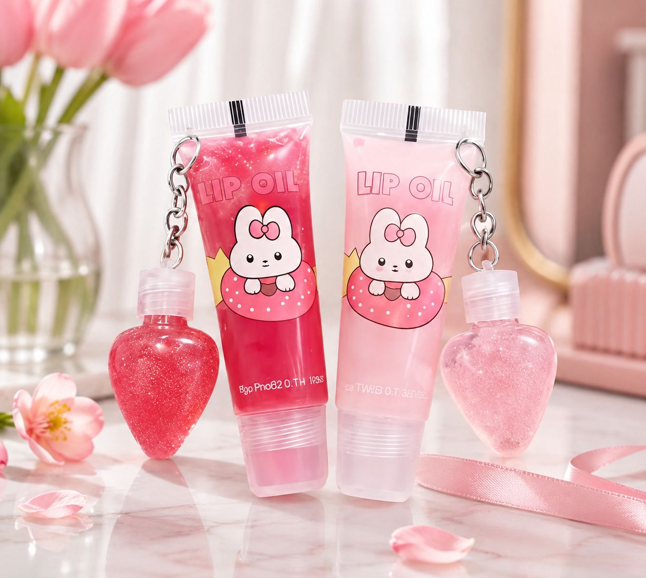 2-in-1 Lip Oil & Lip Gloss Duo with Cute Bunny Strawberry Keychain-image-12