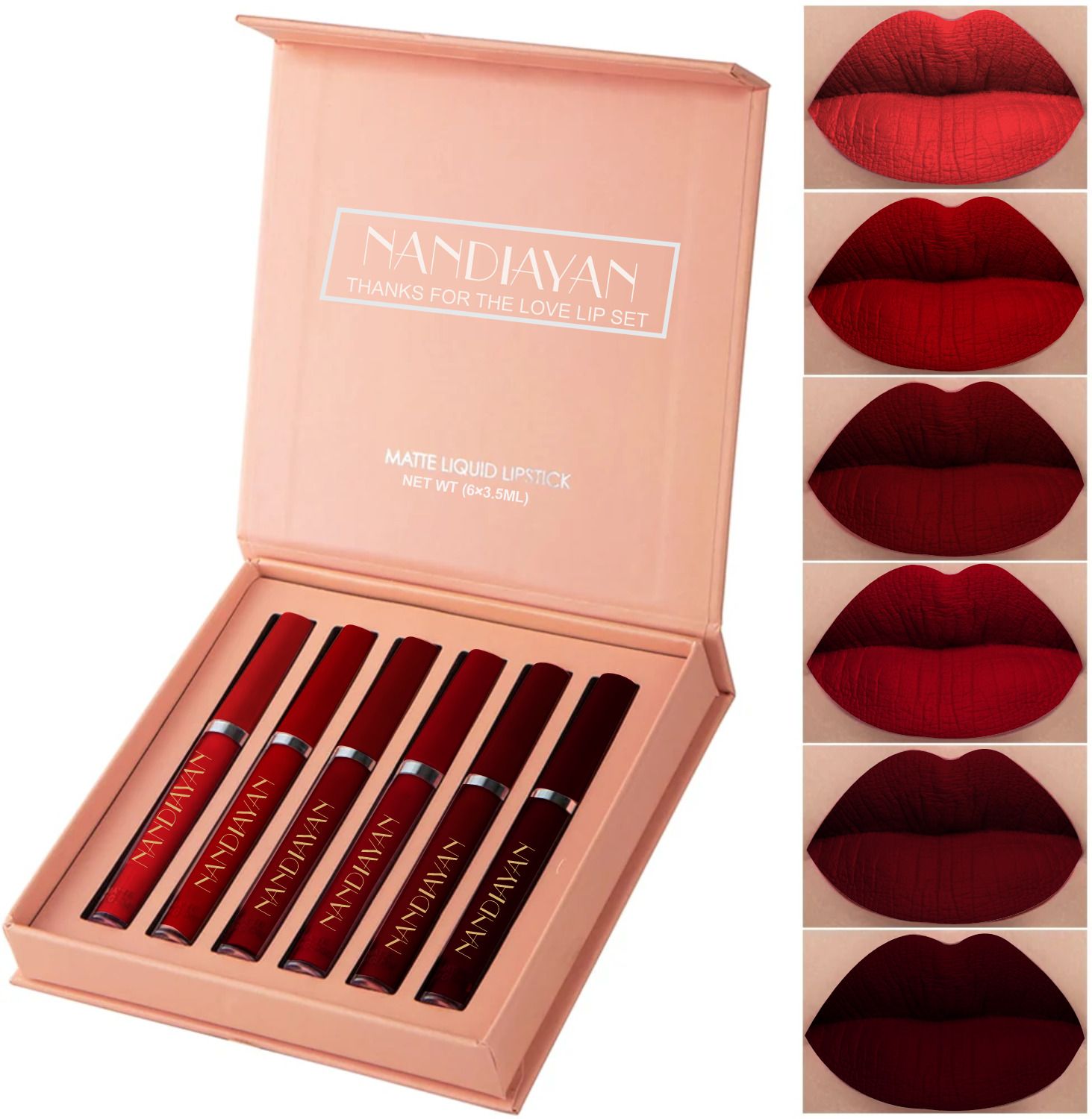 6Pcs Long Lasting Matte Liquid Lipstick Combo–Waterproof,Red& Maroon Shades SetC-image-0