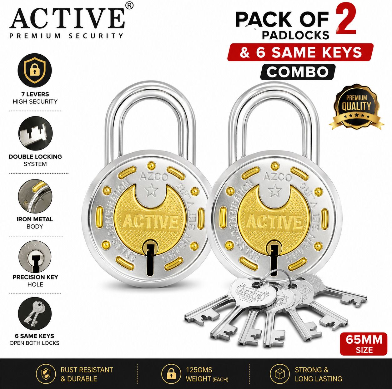Active-65MM-8 Levers, Double Lock with Gold Chrome Finish (combo Offer)Same Keys Padlock-image-45