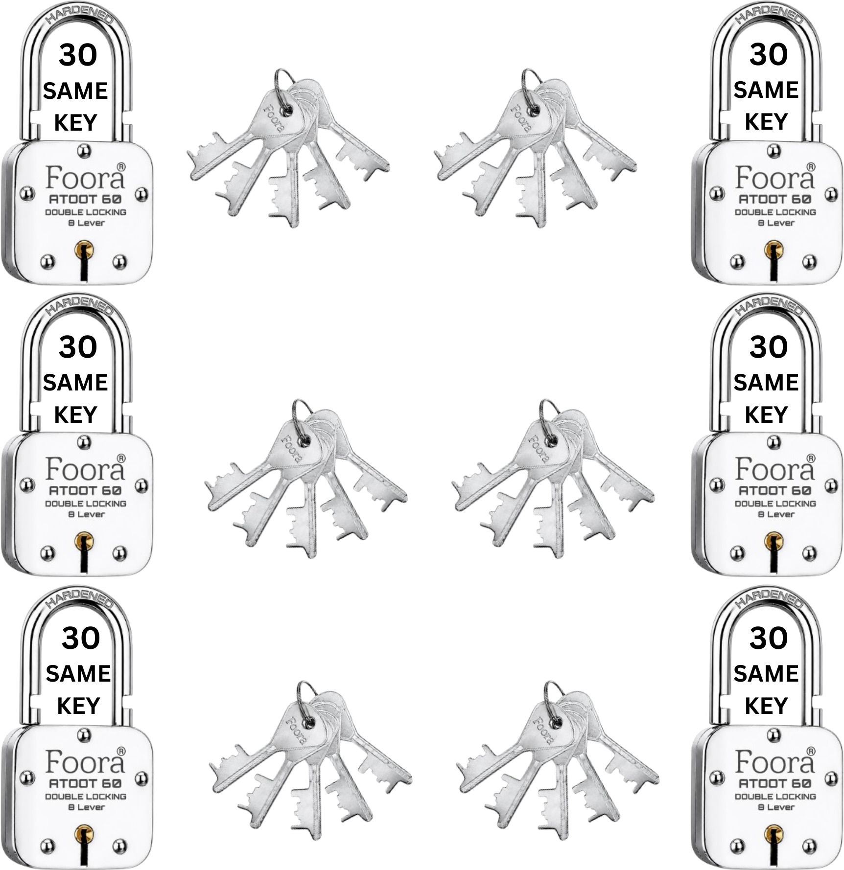 foora 30 Same Keys Atoot 60 mm Padlock Pack of 6 | 8 Lever Double Locking Padlock-picture-22