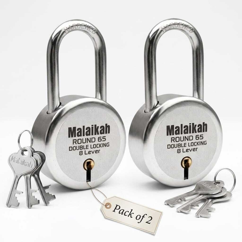 malaikah 65mm Round 8-Lever Double Locking with Long Hardened Shackle - Pack of 2 Padlock-picture-27