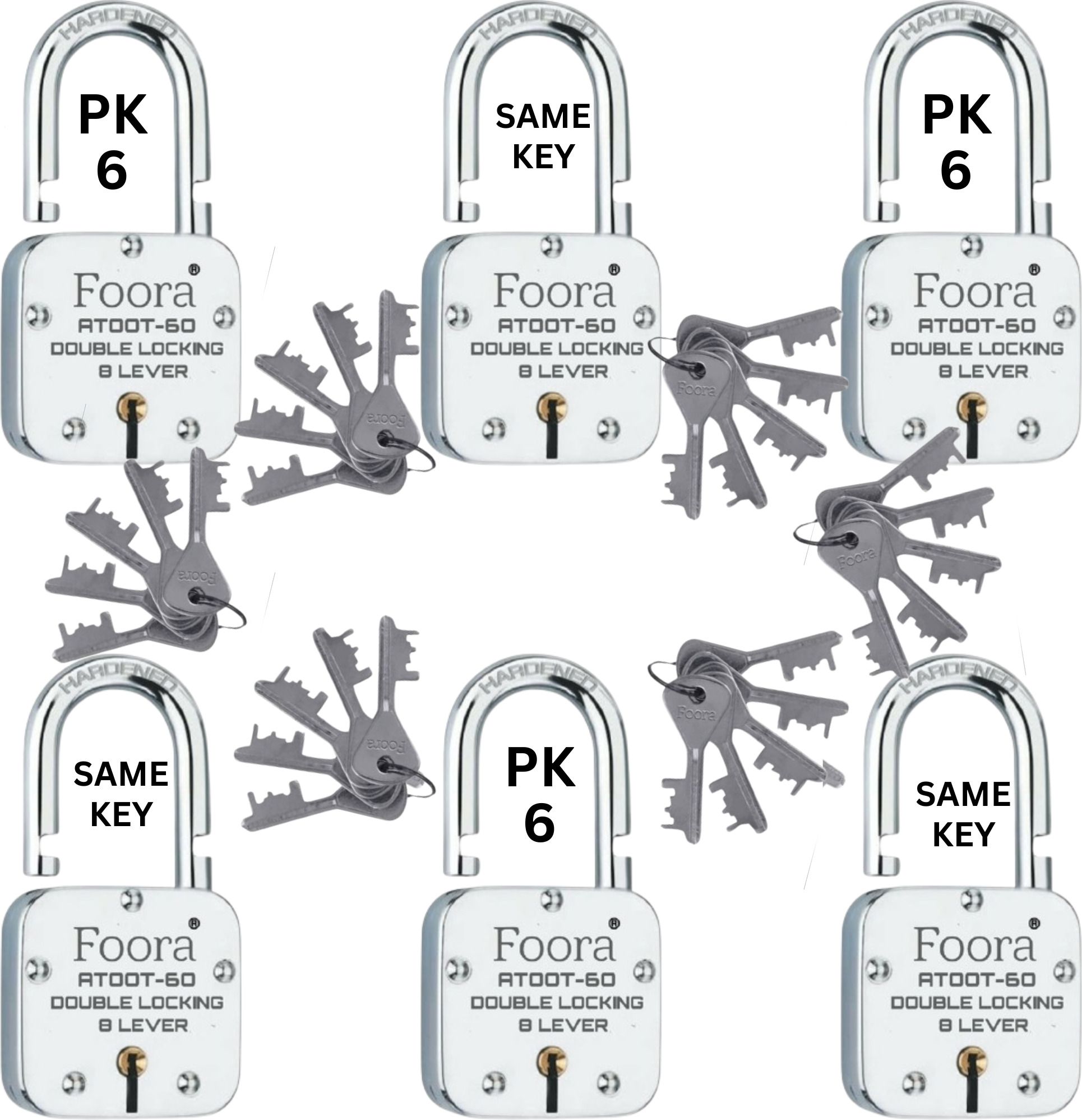foora Atoot 60mm Padlock with 5 Keys | Pack of 6 Same Key Locks | Double Locking Lock-picture-25