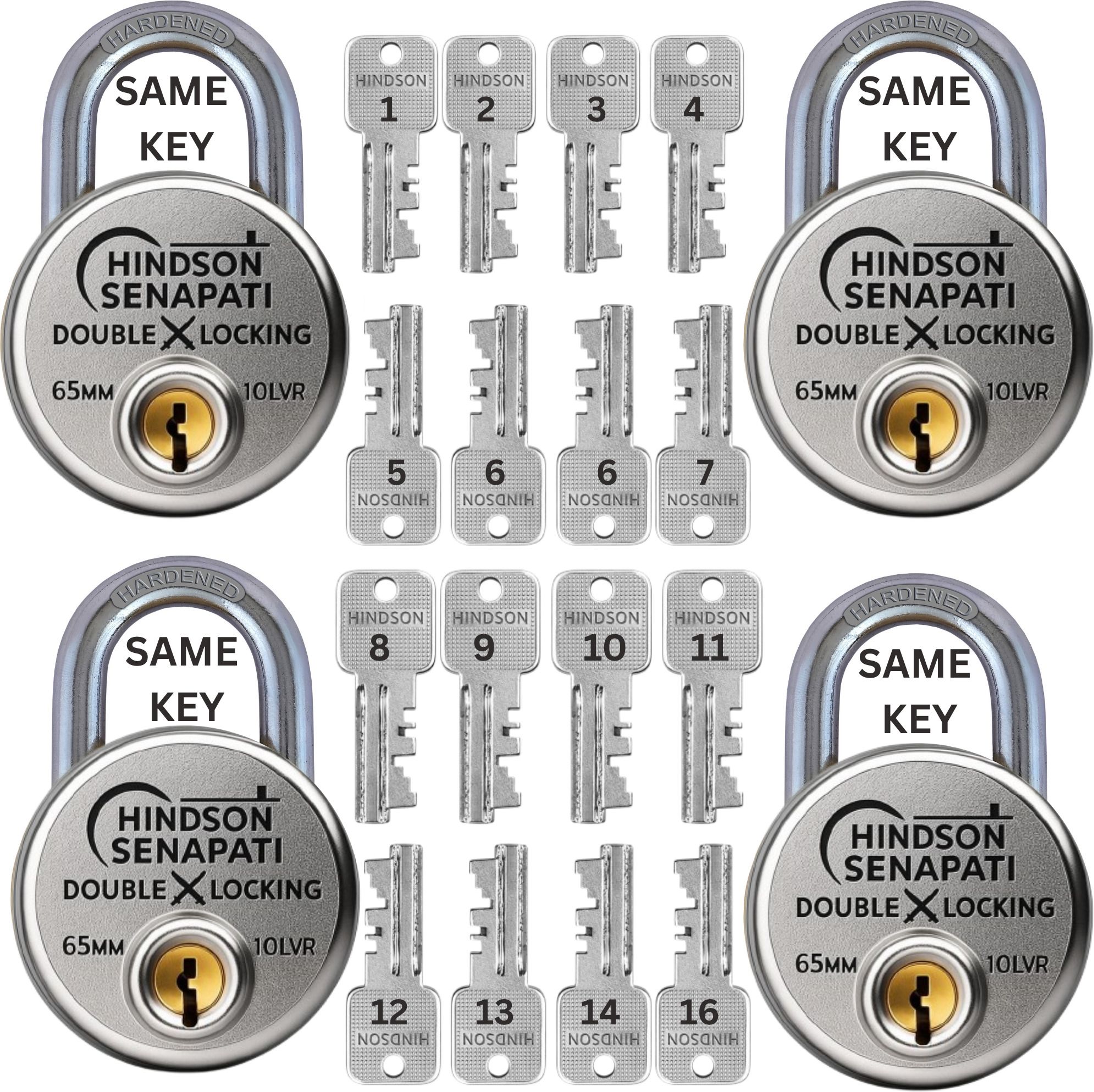 hindson 16 SAME KEYS SENAPATI 65mm Pack Of 4, Double Locking, Hardened Shackle, 10 Lever Padlock-picture-17