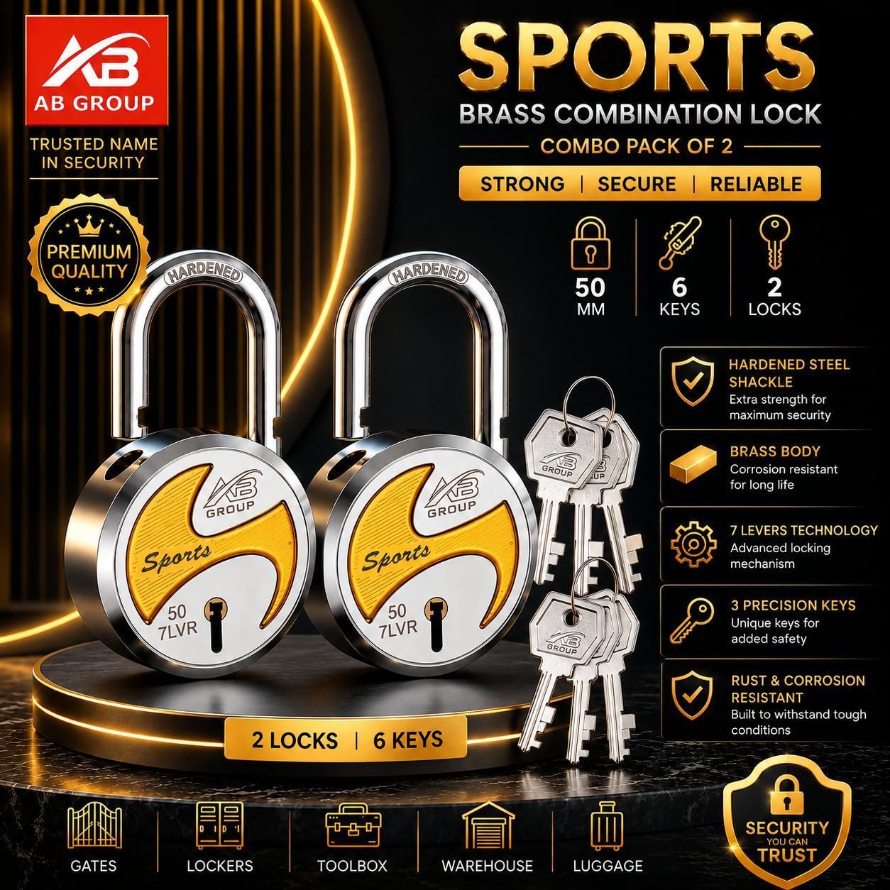 ab group ABG Sport |50mm |Round 2 Lock 6Keys 7Levers Double lock (Pack of 2) Padlock Padlock-picture-26