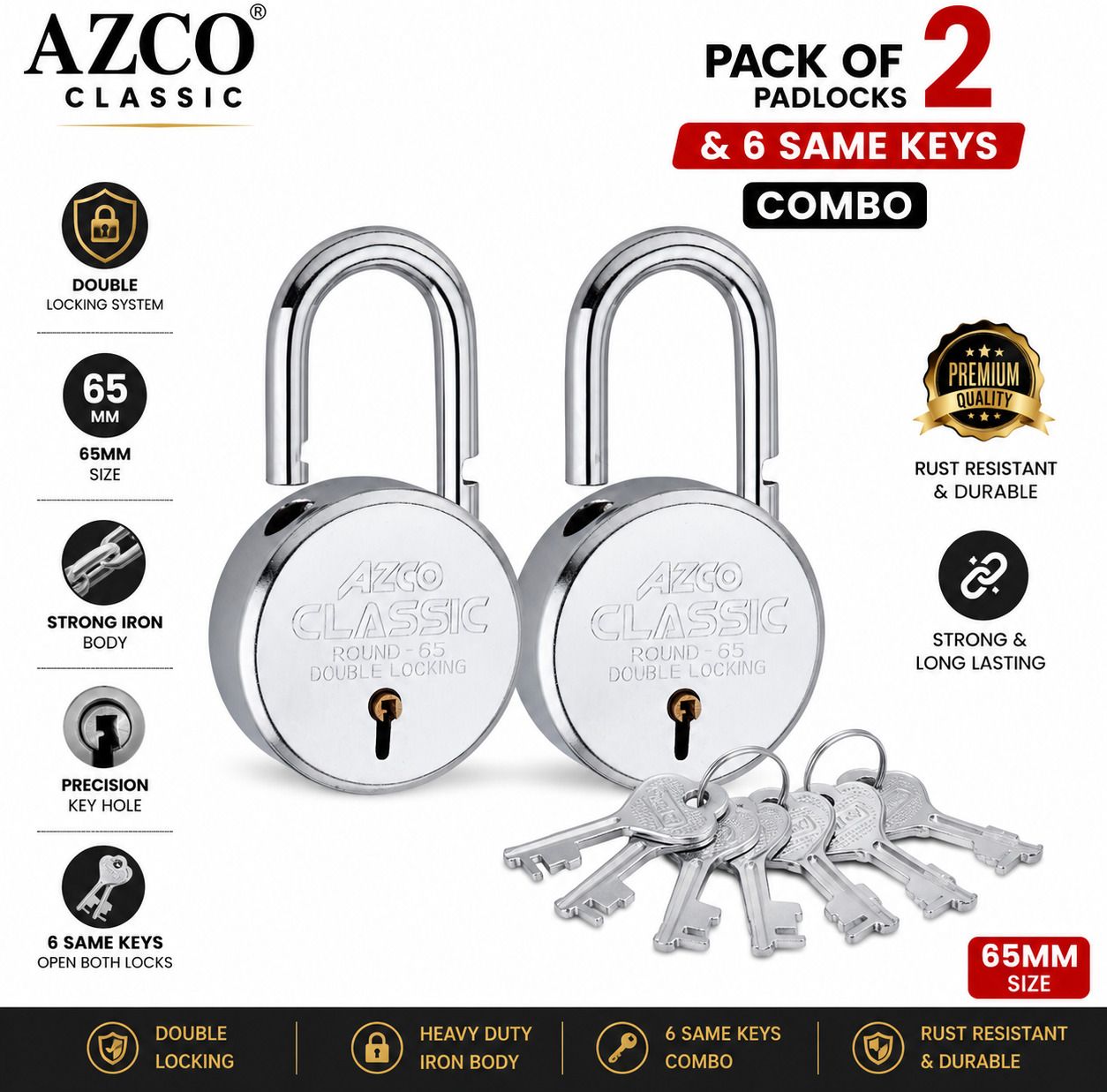 azco Classic-65MM-8 Levers,Double Locking System,Finish-Silver (combo Offer)Same Keys Padlock-picture-29