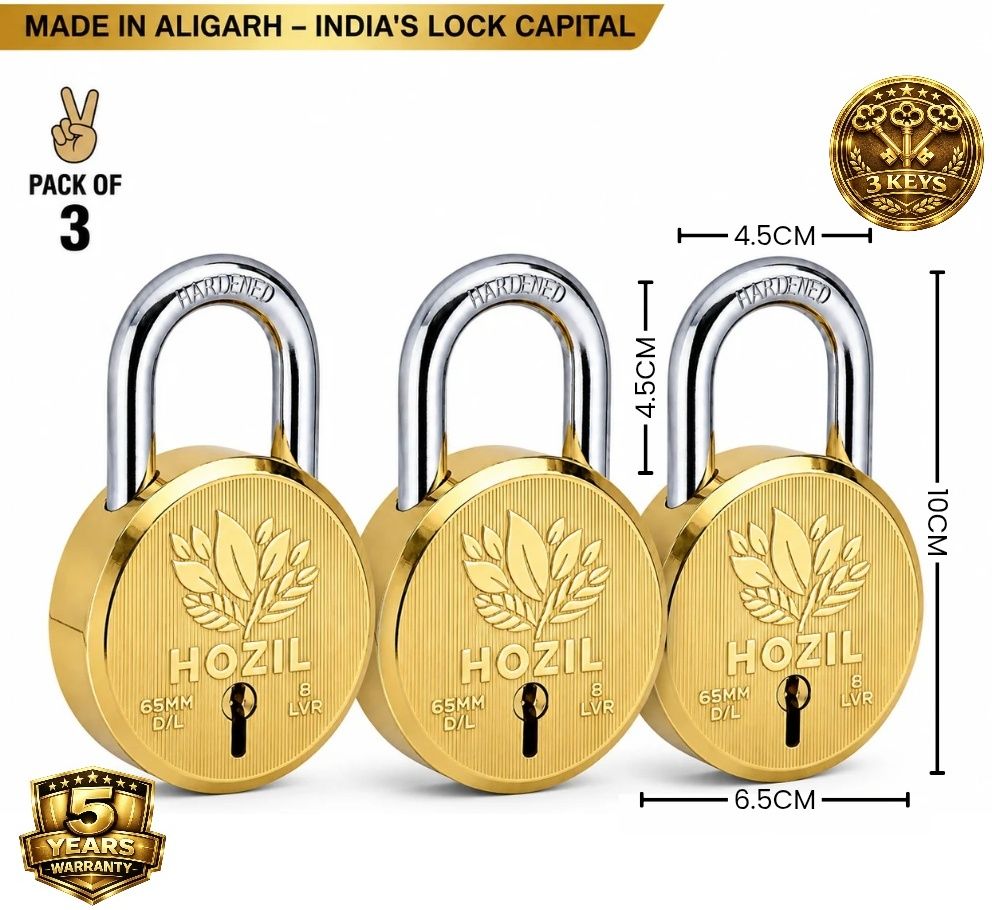 hozil 65MM Lock | Hardened Shackle | Double Locking | 8 Levers (Pack of 3) Padlock-picture-45
