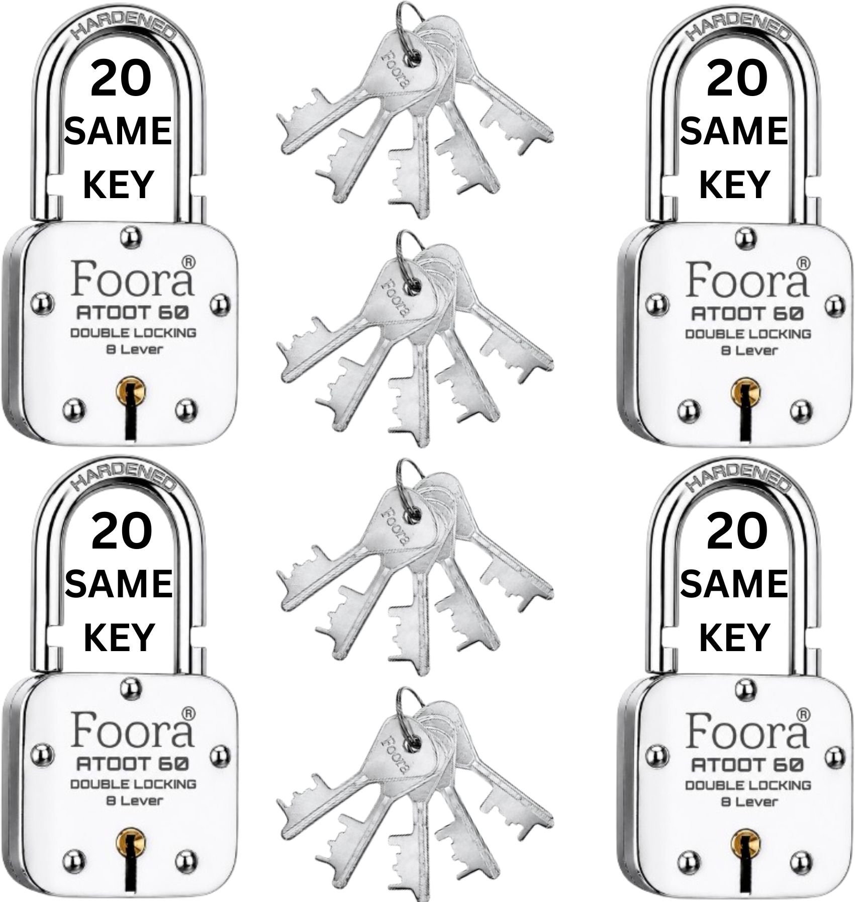 foora 20 Same Keys Atoot 60 mm Padlock Pack of 4 | 8 Lever Double Locking Padlock-picture-41