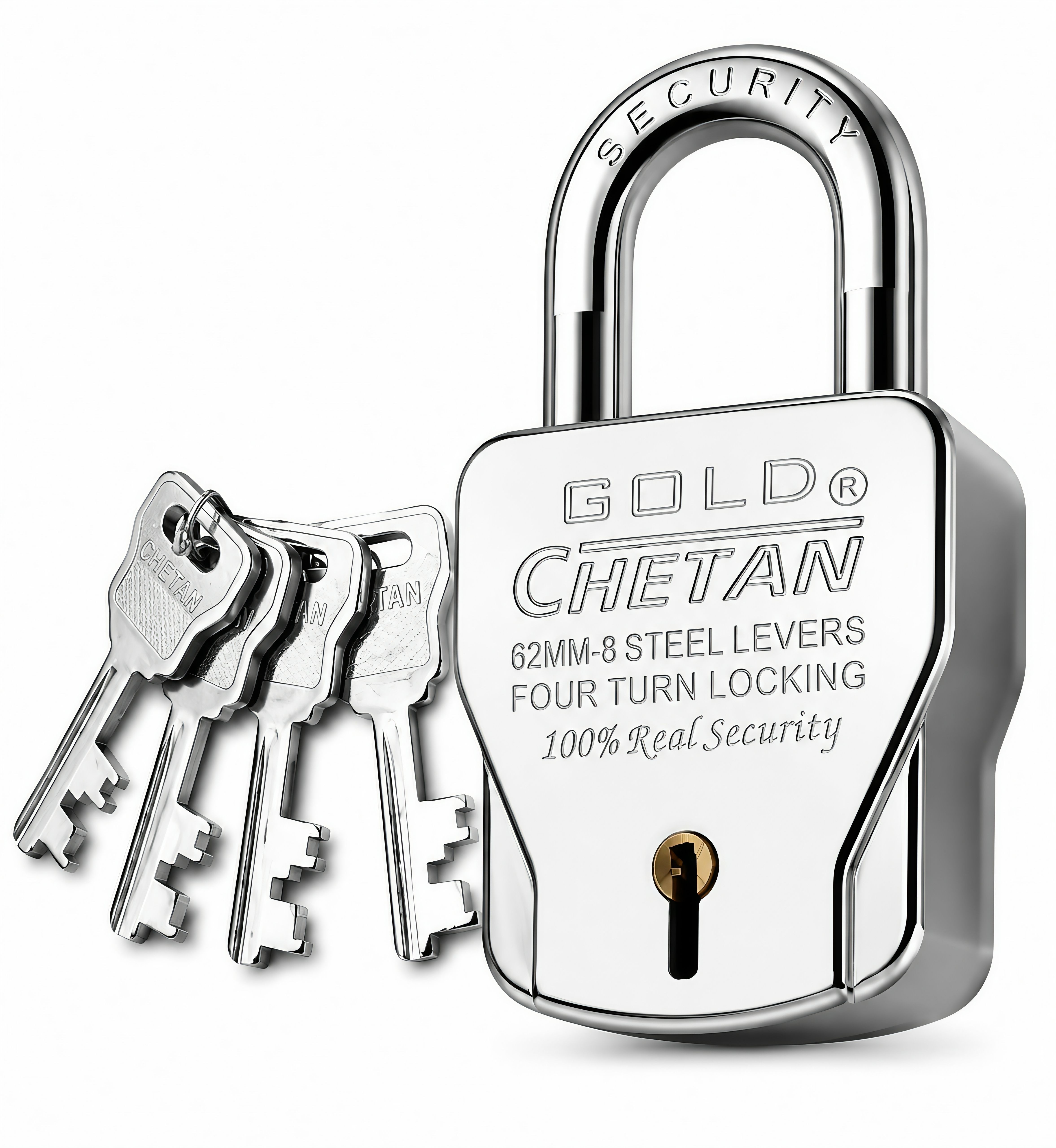 gold chetan Heavy Duty Steel Padlock with 4 Keys | 8 Lever | Four Turn Locking | Silver Padlock-picture-34