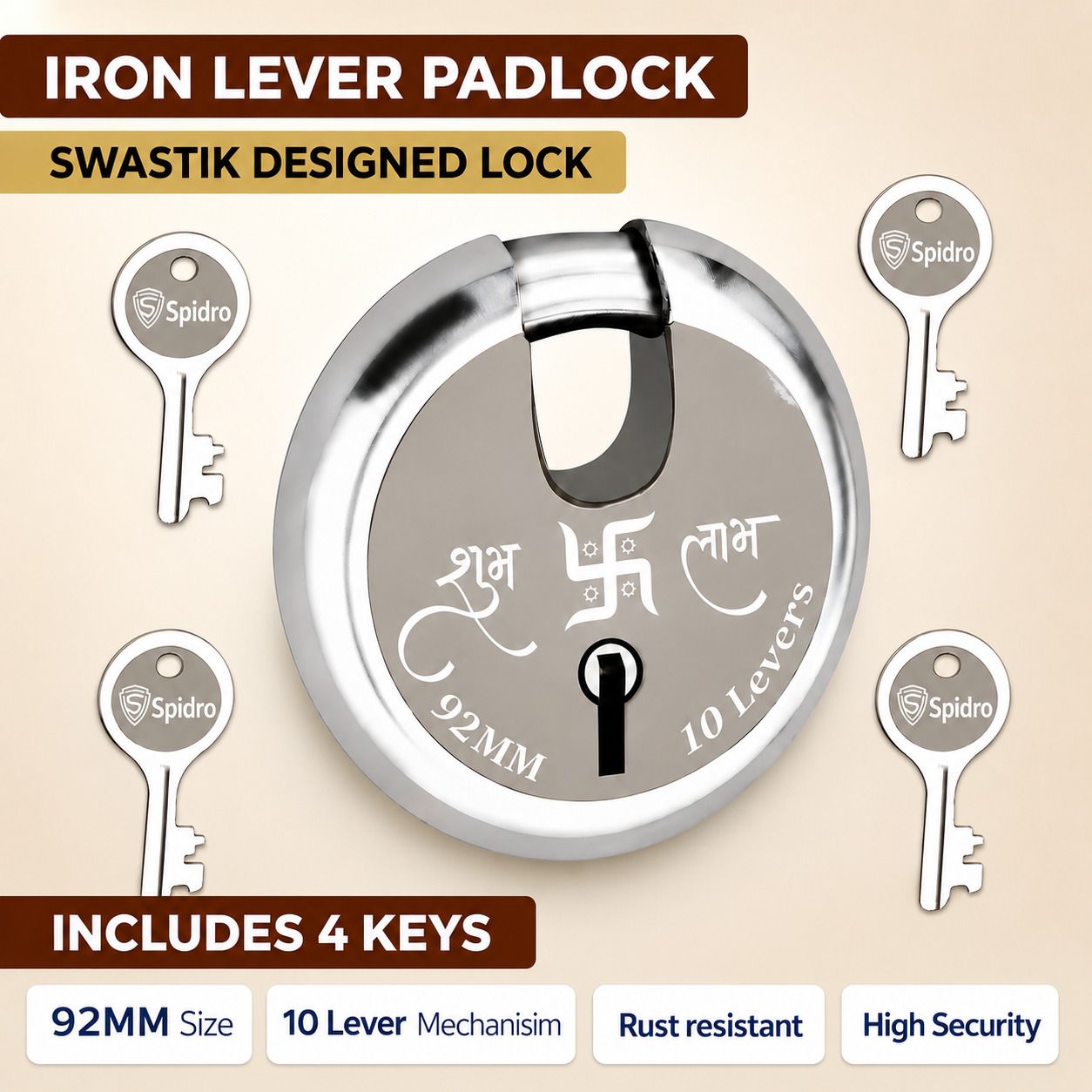 spidro 92MM Heavy Duty Swastik Design Round Shutter lock, Padlock with 4 Keys Lock-picture-24