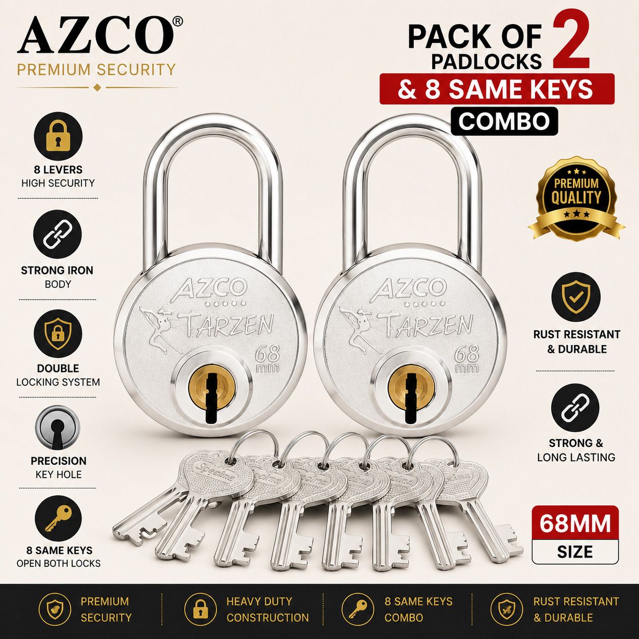azco Tarzen-68MM-8 Levers, Double Locking System, Silver (combo Offer)Same Keys Padlock-picture-17