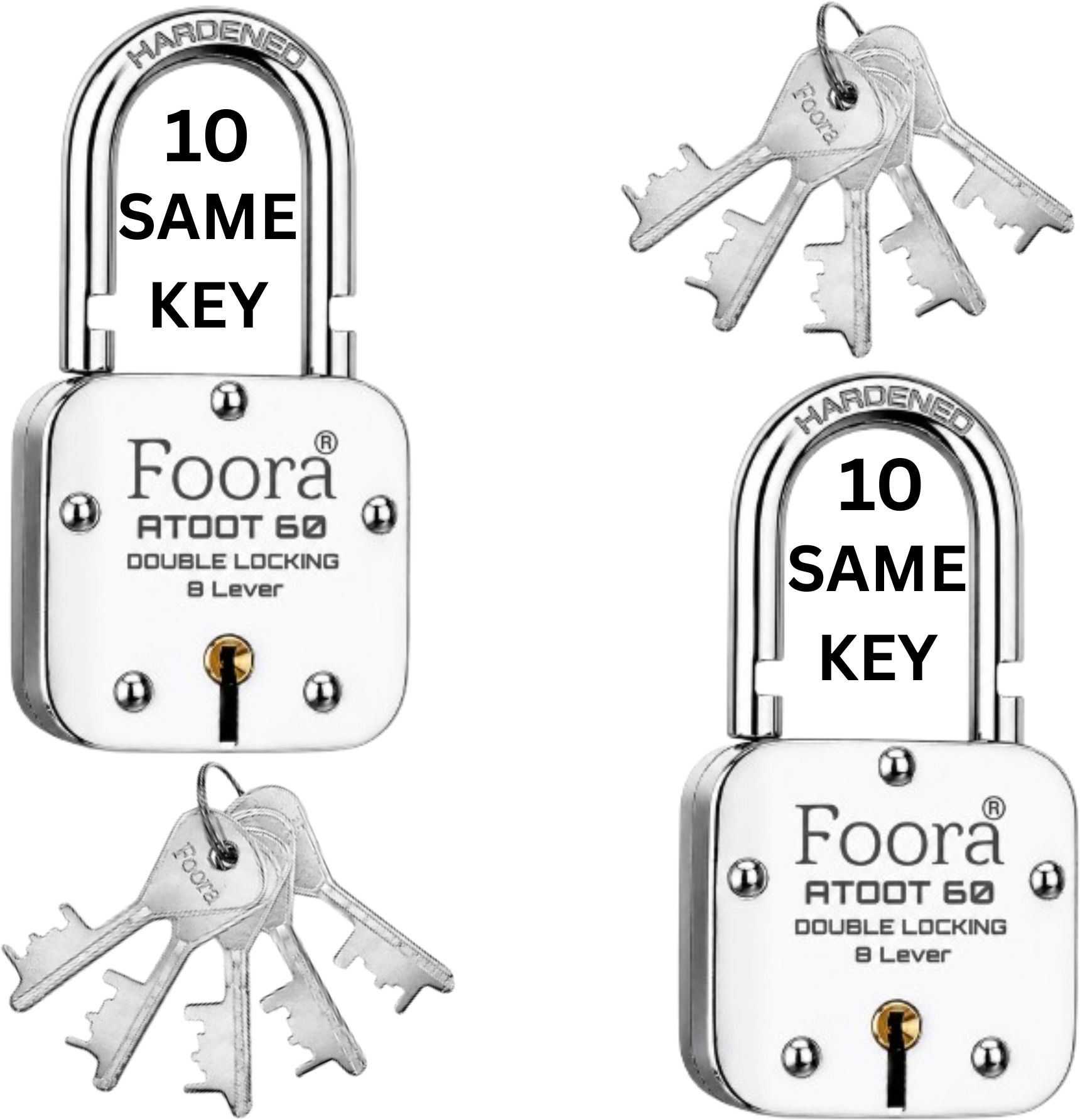 foora 10 Same Keys Atoot 60 mm Padlock Pack of 2 | 8 Lever Double Locking Padlock-picture-30