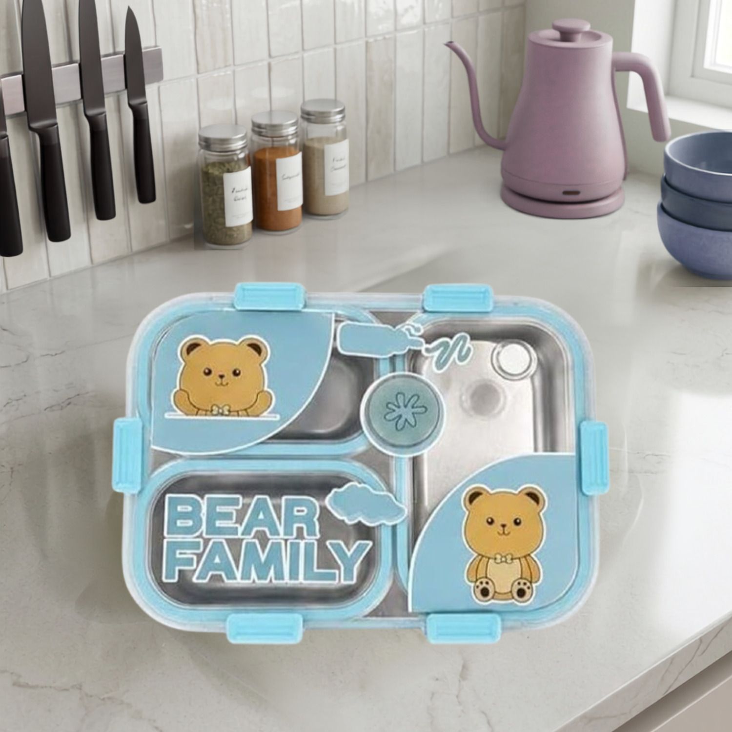 Bear Family Stainless Steel Lunch Box With Spoon & Fork_B232 3 Containers Stainless Steel School Lunch Box-image-10