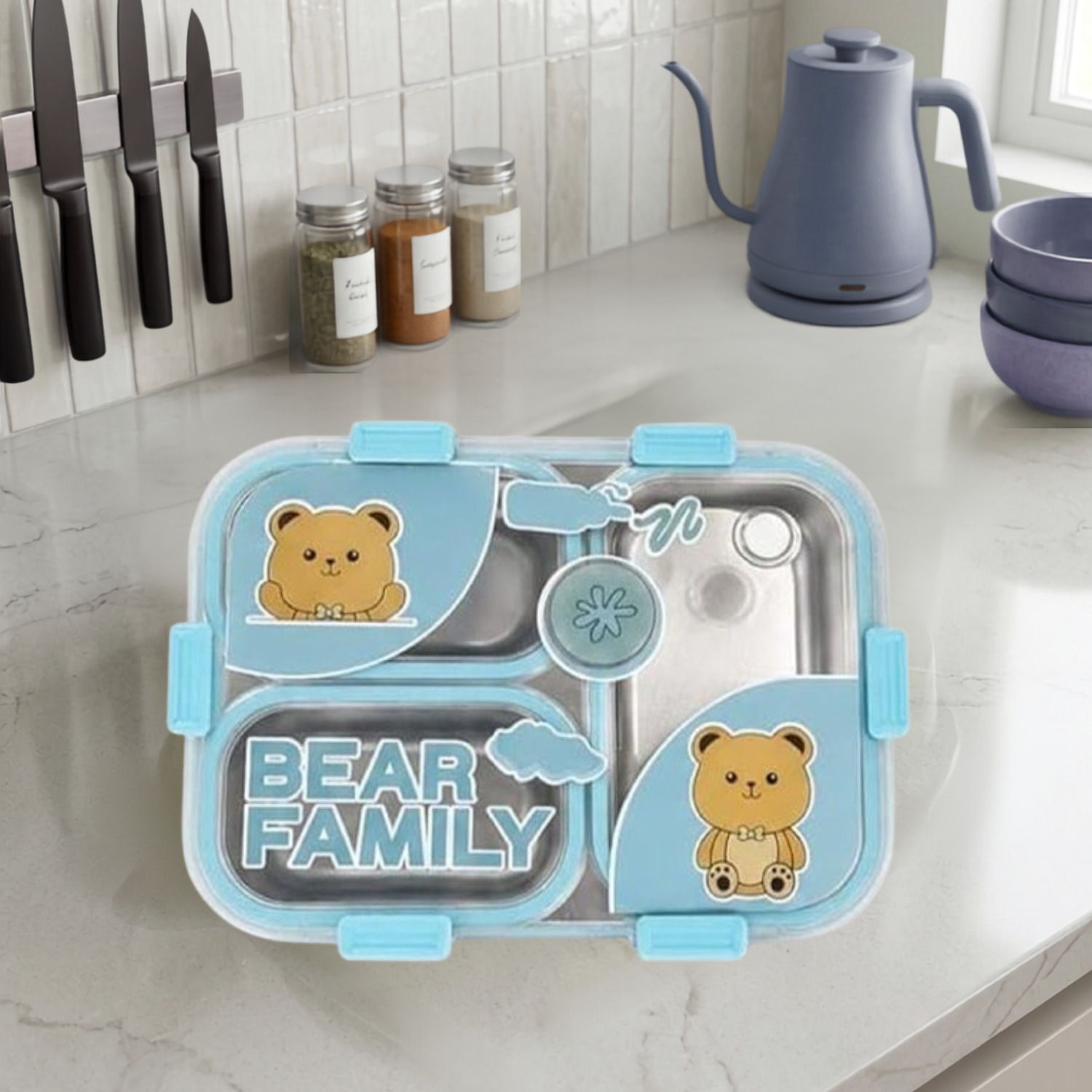 Bear Family Stainless Steel Lunch Box With Spoon & Fork_B192 3 Containers Stainless Steel School Lunch Box-image-48