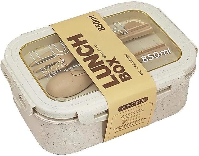 Lunch Box with Compartments and Lid Storage for Spoon & Fork, Food Container 2 Containers Plastic School Lunch Box-image-3