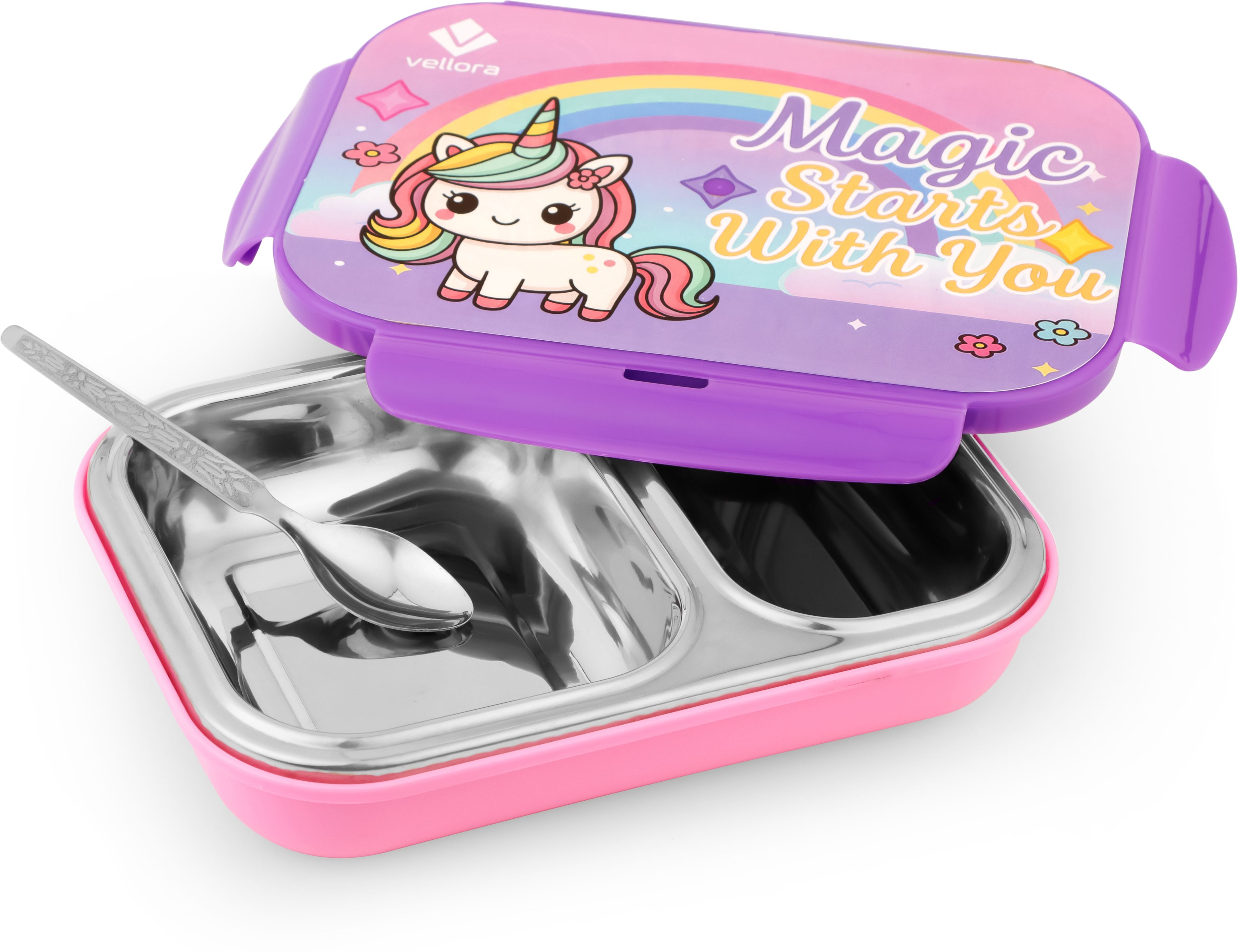 vellora Stainless Steel Lunch Box for Boys & Girls, Unicorn Design with 2 Compartments 1 Containers Stainless Steel School Lunch Box-picture-21