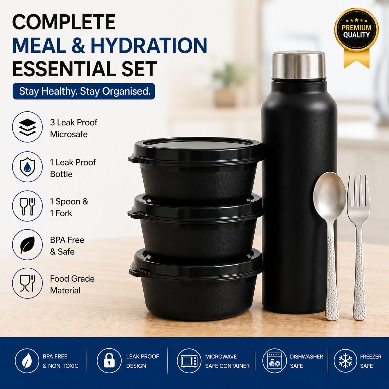 Meal & Hydration Combo Set | 3 Leakproof Food Containers 4 Containers Stainless Steel Office Lunch Box-image-1