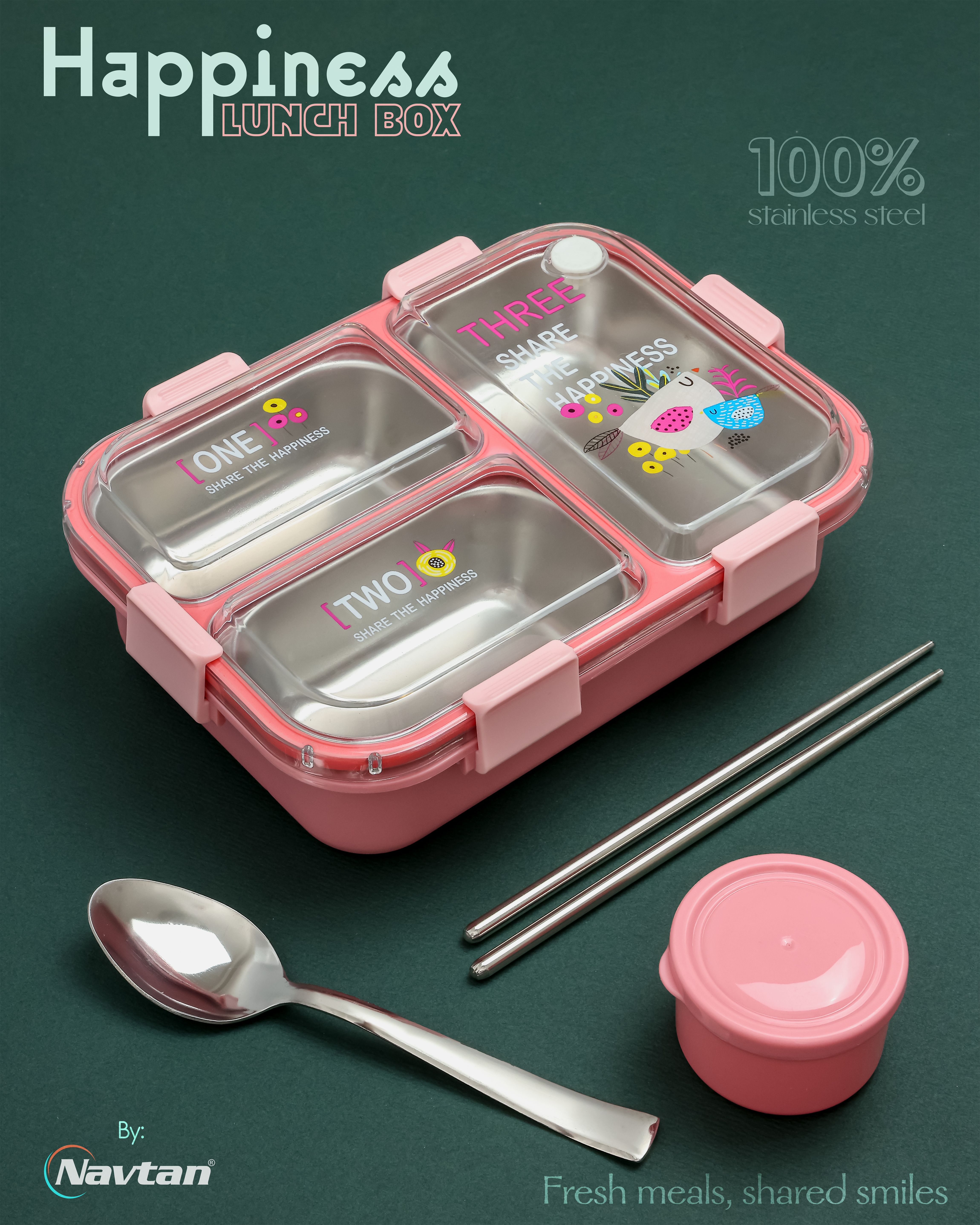 Happiness Bento 3 Section Stainless Steel Lunch Box With Spoon & Chopsticks 3 Containers Stainless Steel Office Lunch Box-image-25
