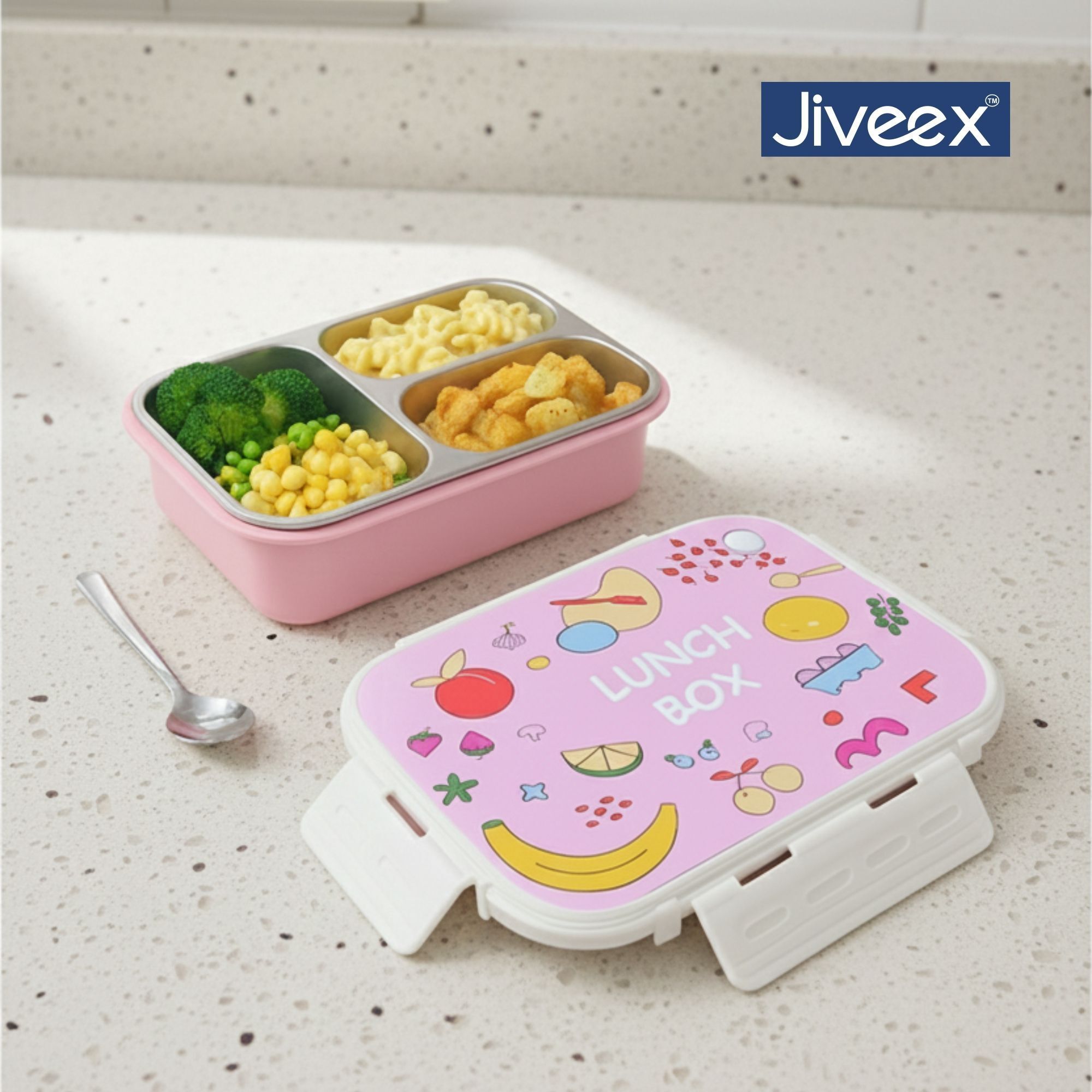 3 Compartment Stainless Steel Lunch Box with Printed Lid | Leak Proof With Spoon 3 Containers Stainless Steel School Lunch Box-image-16