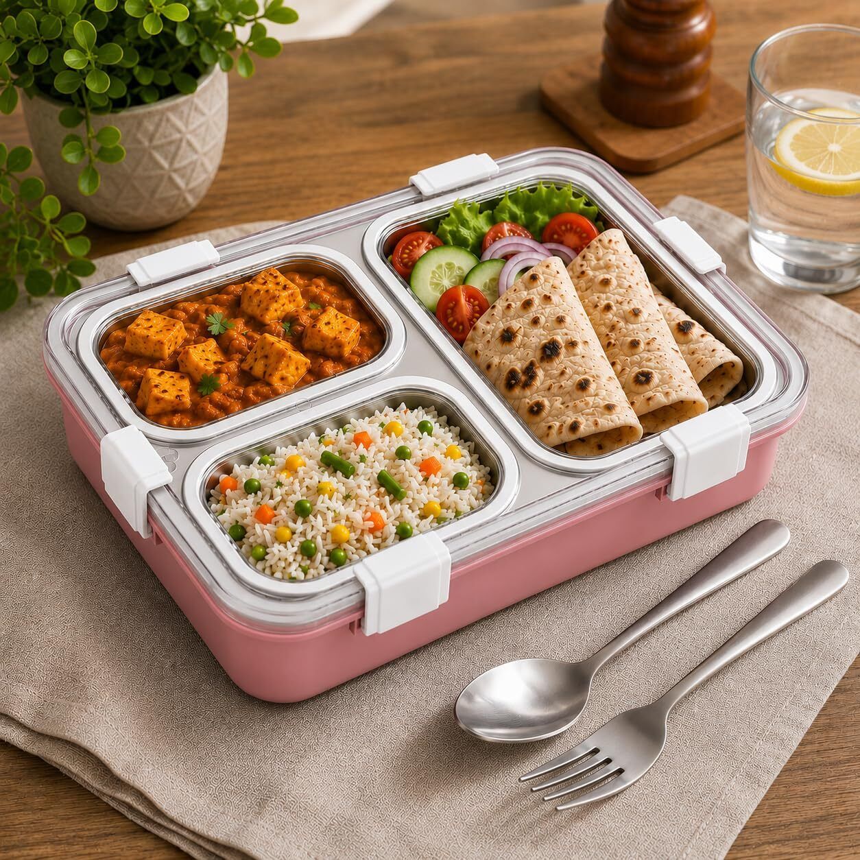 Stainless Steel Lunch Box, Leak Resistant,3 Compartment Tiffin with Spoon & Fork 1 Containers Aluminium, Plastic College Lunch Box-image-15