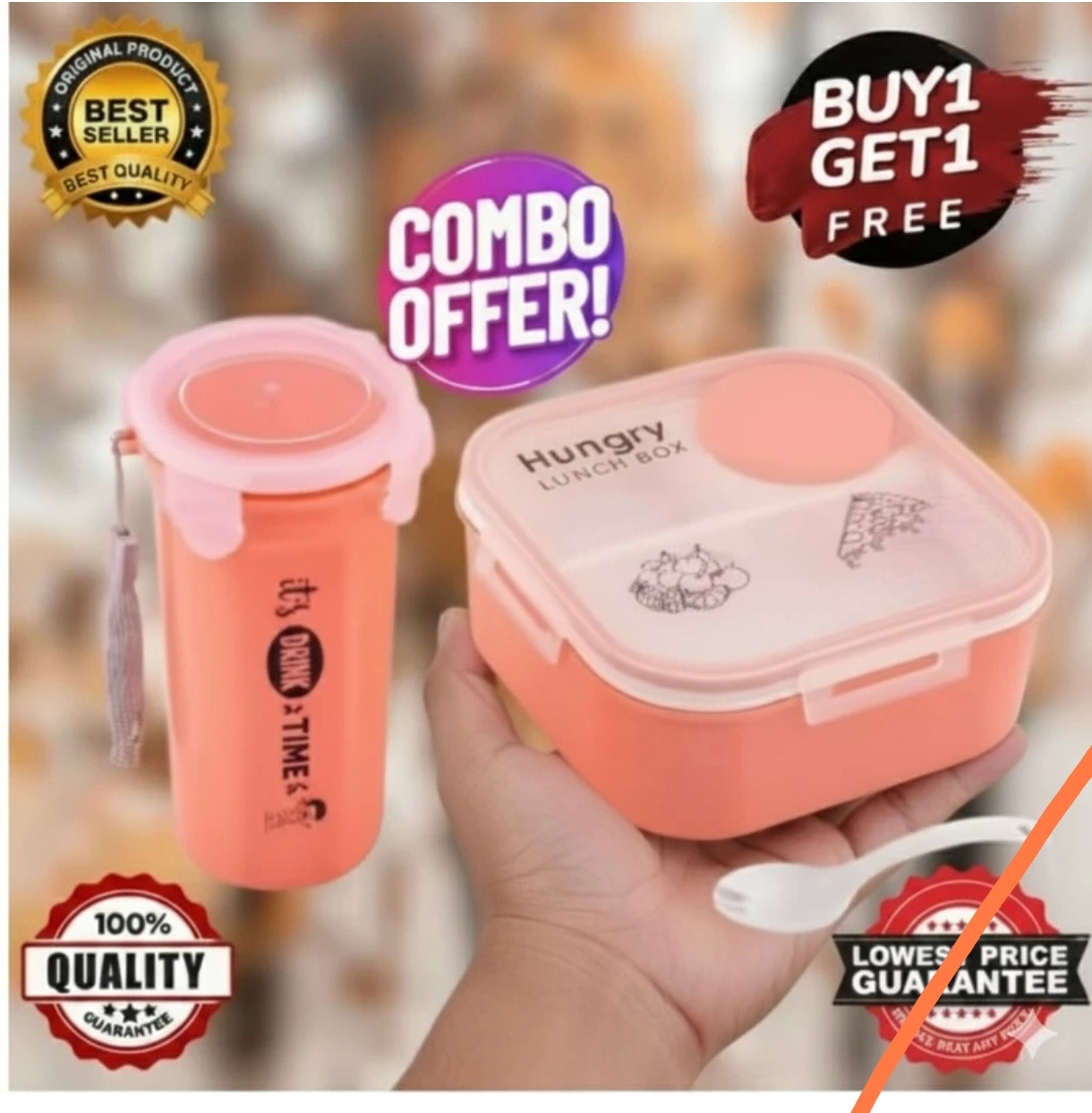 Hungry Lunch Box Combo with Water Bottle | 3 Compartment Leakproof 4 Containers Plastic, Silicone School Lunch Box-image-44