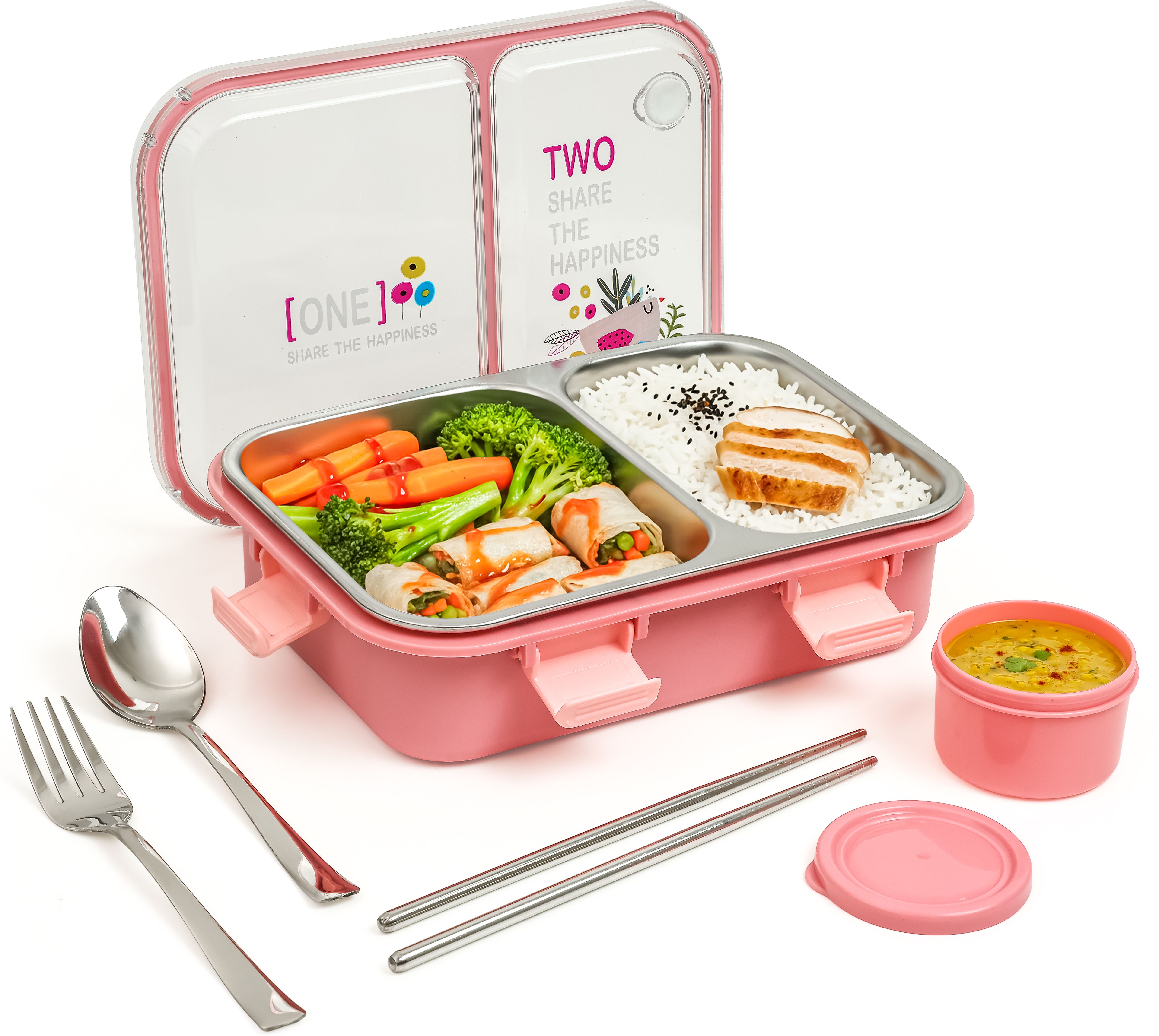 Happiness Bento 2 Section Stainless Steel Lunch Box With Spoon & Chopsticks 2 Containers Stainless Steel Office Lunch Box