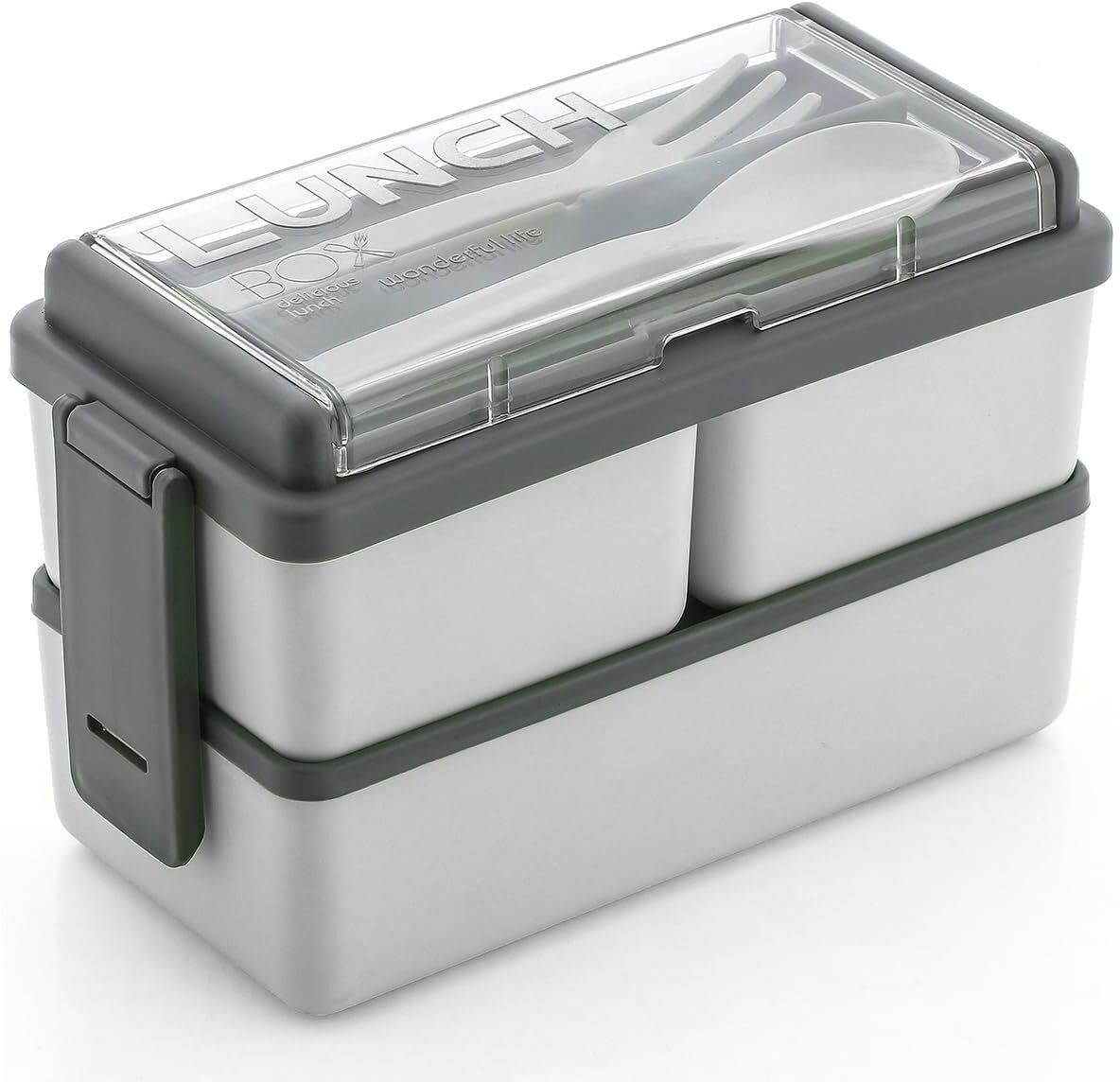 Compartment Grey Color with Spoon and Fork Office School 3 Containers Lunch Box
