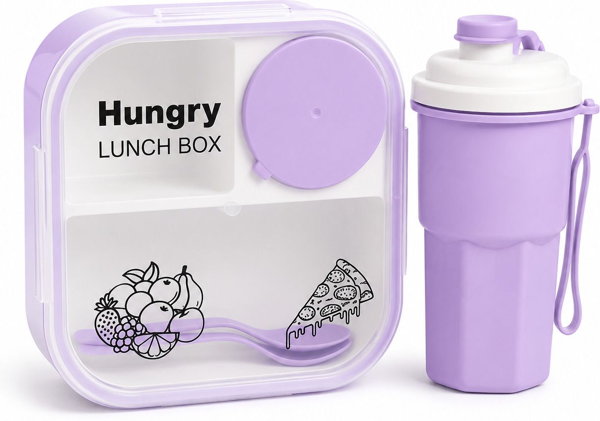 Hungry Lunchbox with Bottle Purple Colour 3 Containers Plastic School Lunch Box-image-38