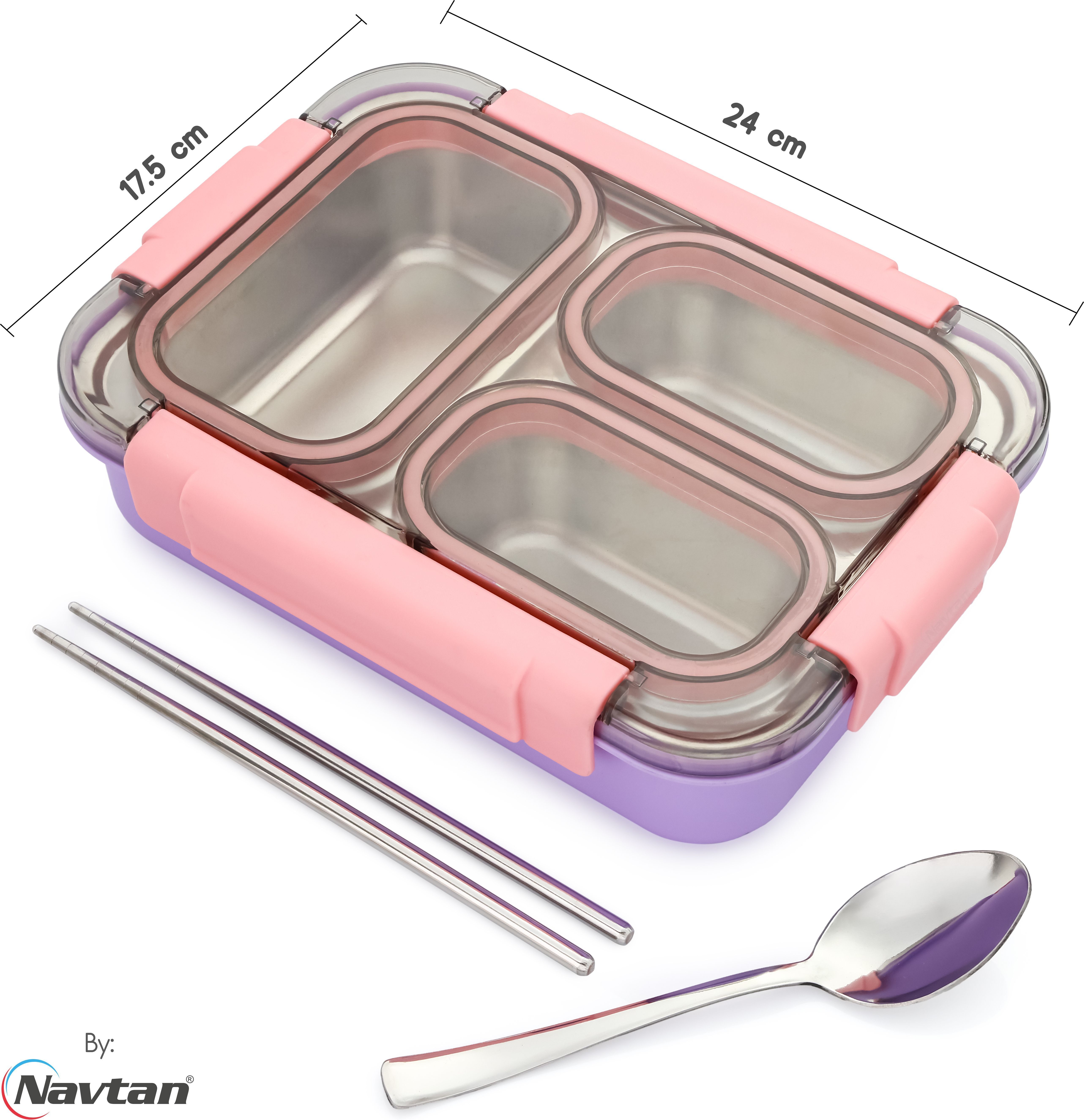 Bento Pro 3 Section Lunch Box | Stainless Steel | Air Tight | Spoon & Chopsticks 3 Containers Stainless Steel College Lunch Box-image-22