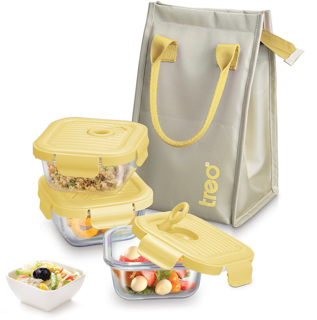 treo Lumino Fresh Square Borosilicate Glass Lunch Box Set of 3 Yellow 320ml Each, Bag 3 Containers Lunch Box image 1