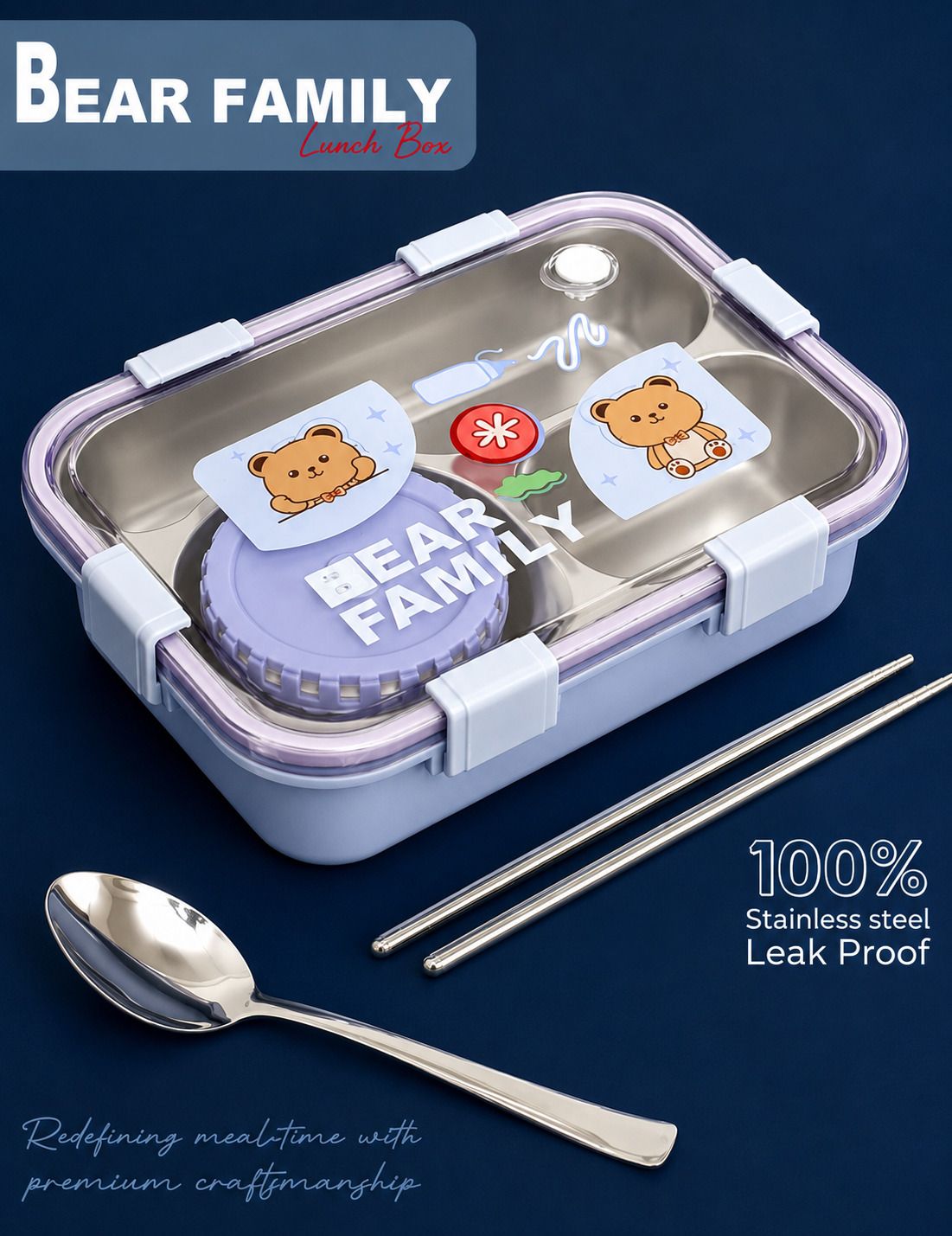 Bear Family lunch Box 3 Containers Stainless Steel School Lunch Box-image-2