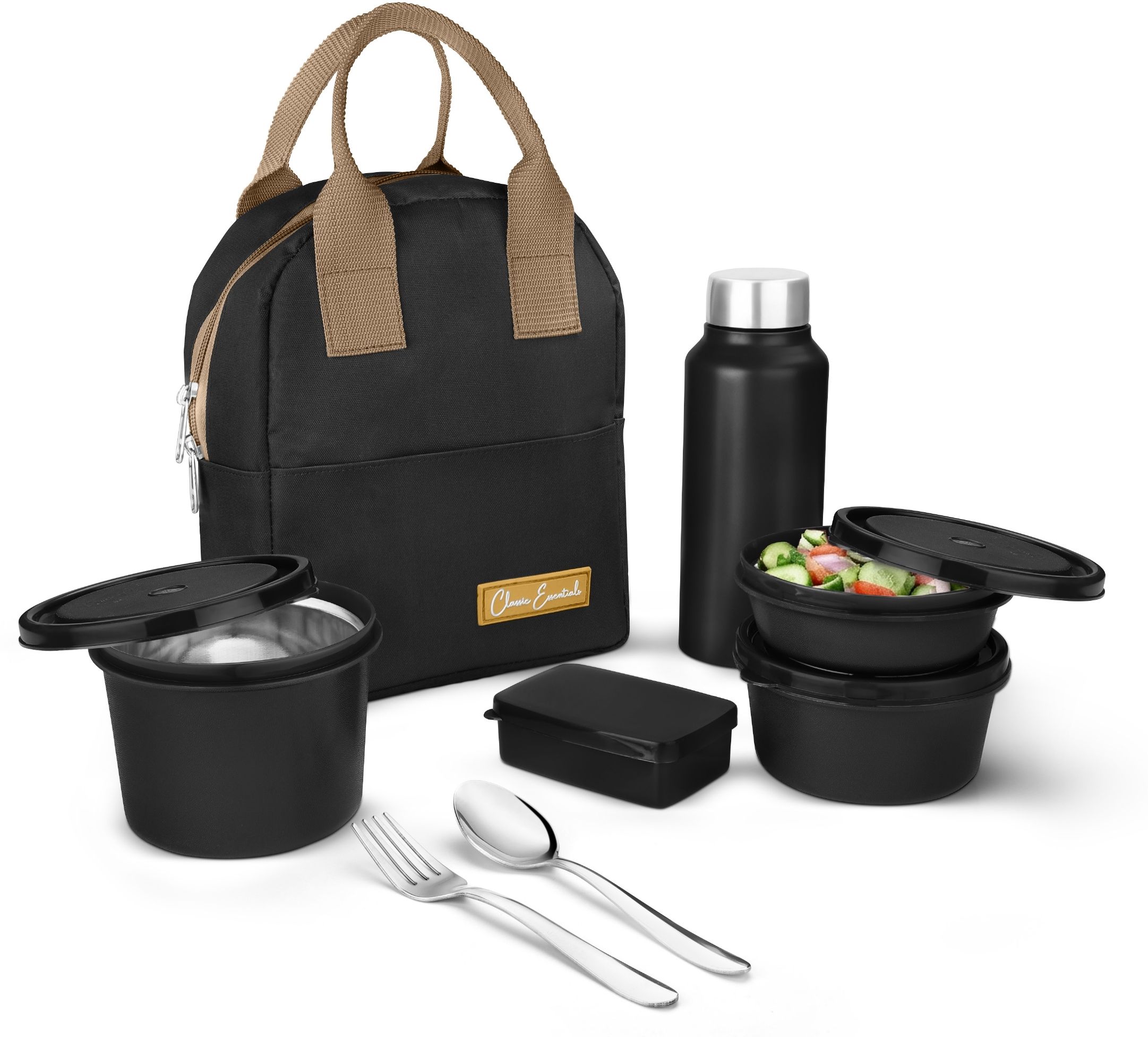 Fresh Microwave Safe Set of 5 with Bottle|Bag & Cutlery 4 Containers Stainless Steel College Lunch Box-image-22