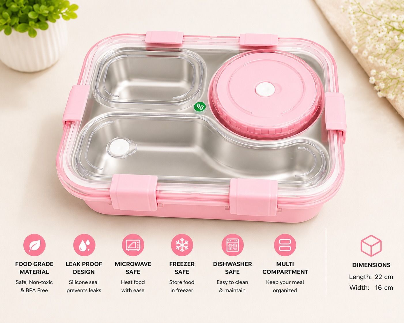 Durable Leakproof Lunch Box 750ml Stainless Steel Food Storage with Container 3 Containers Stainless Steel School Lunch Box-image-12