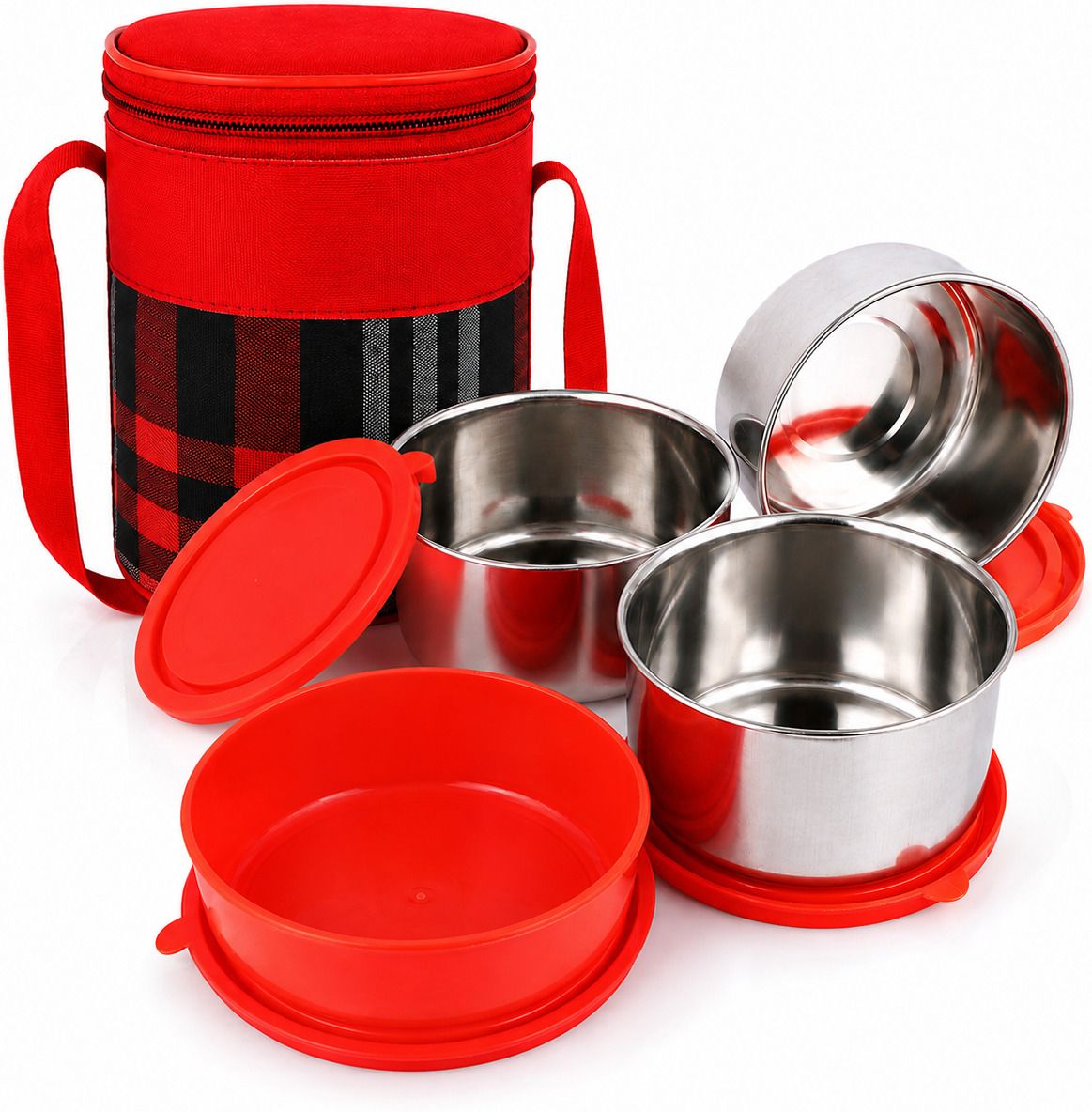 Stainless Steel Lunch Box with Bag | 3 Steel Containers & 1 Bowl 4 Containers Stainless Steel, Plastic Office Lunch Box-image-35