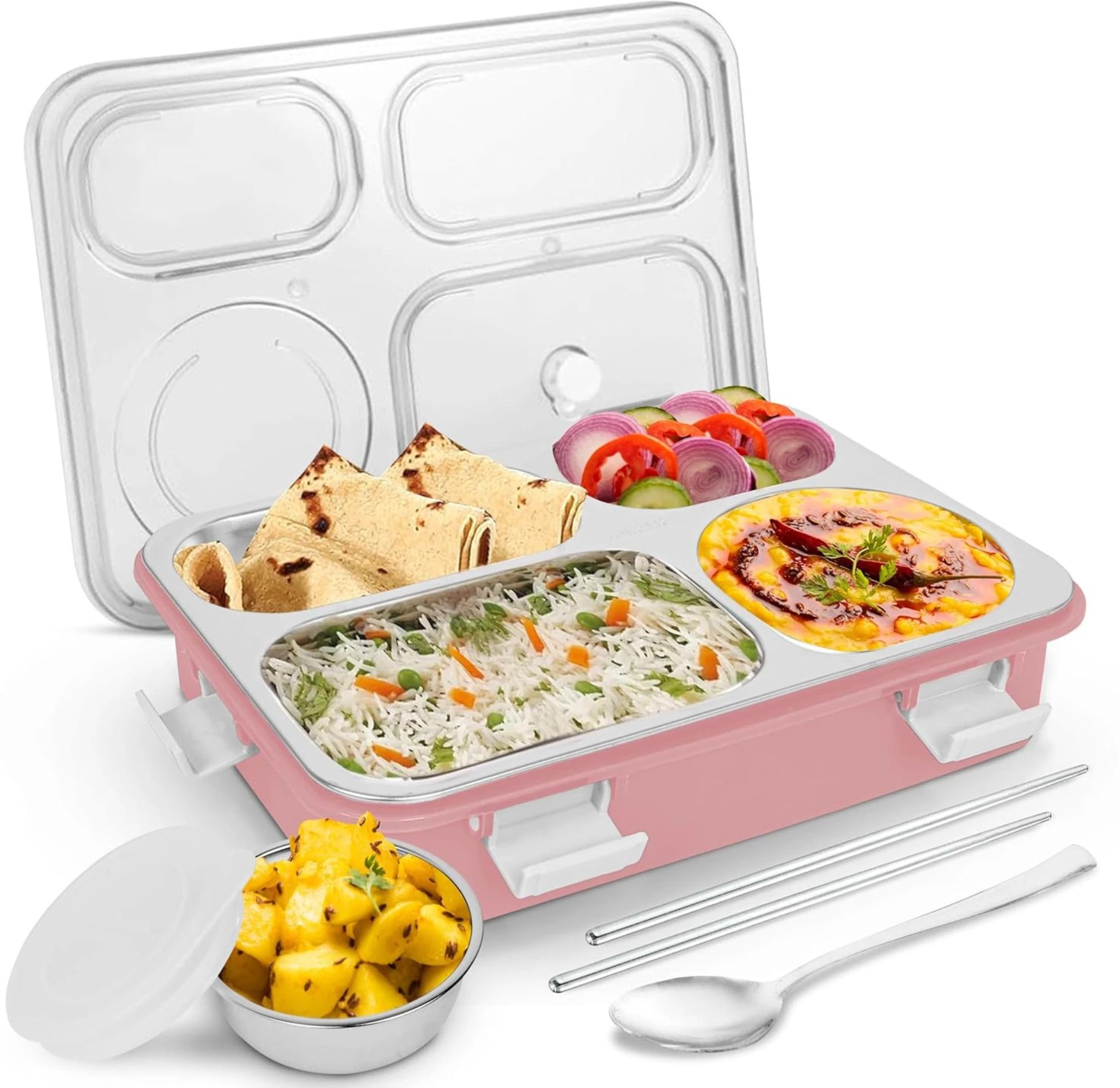 304 Stainless Steel Lunch Box with 4 Compartment with Spoon for Kids & Adults 4 Containers Lunch Box-image-37