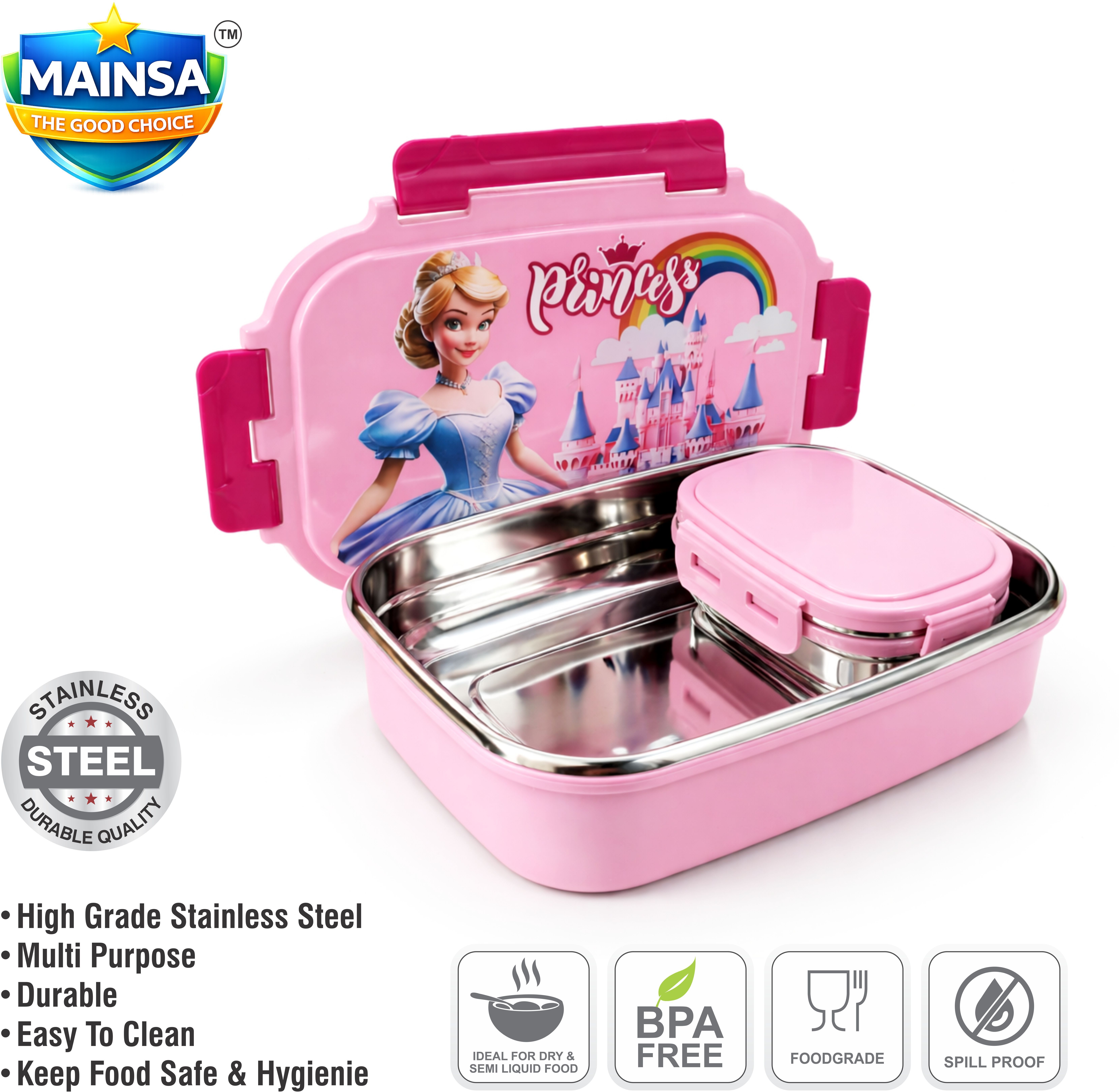 Princess Pink Lunch Box 1 Containers Stainless Steel School Lunch Box-image-16