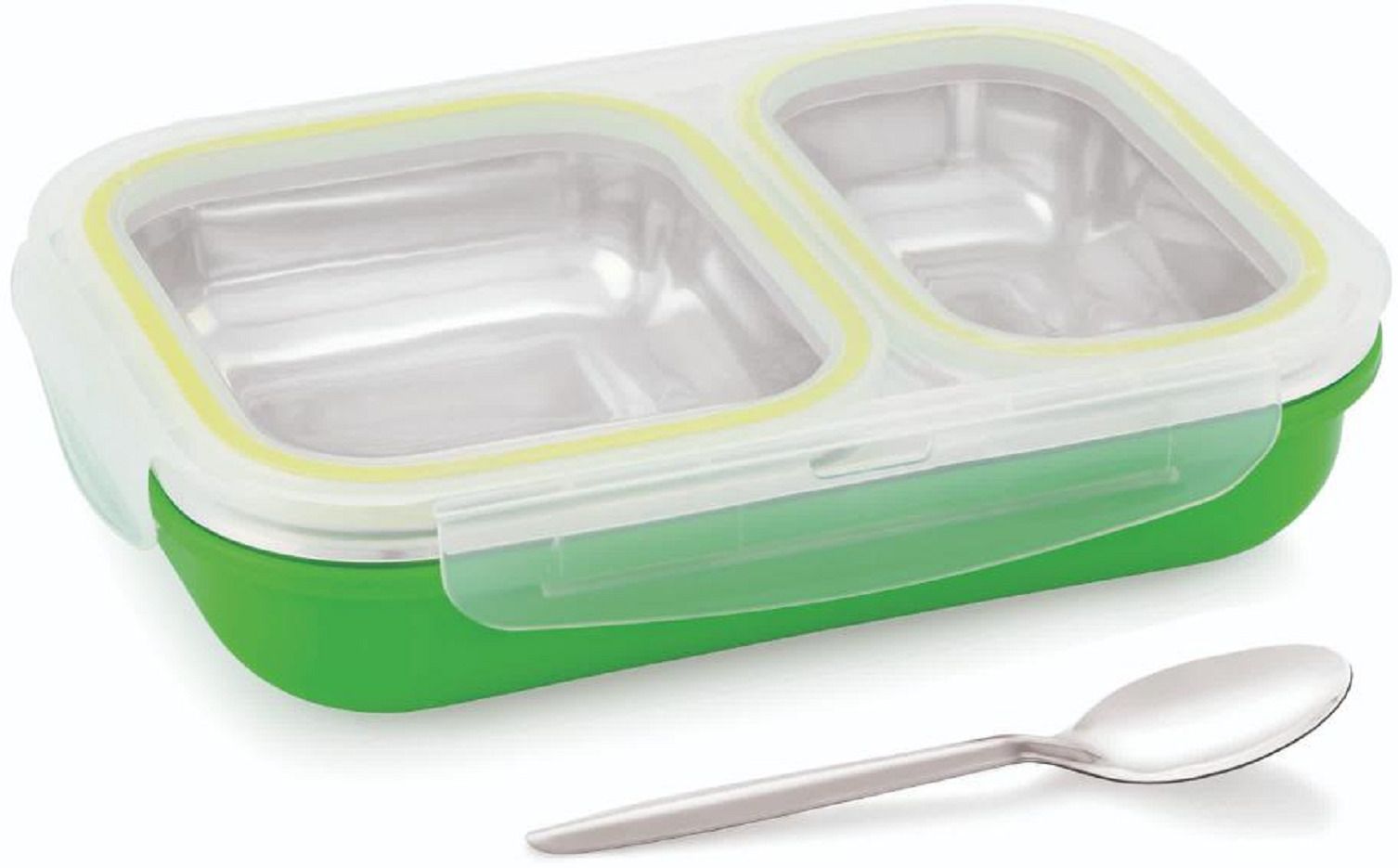 Steel & Plastic Lunch Box Green( Pack Of 1 ) With Spoon 2 Containers Plastic, Stainless Steel School Lunch Box-image-11
