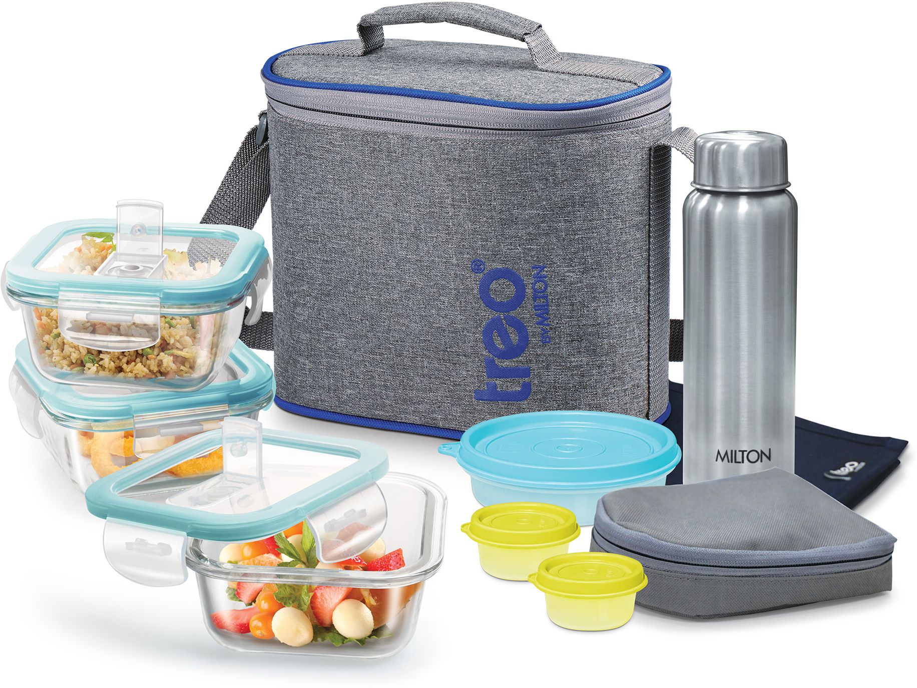 All Fresh Premier Square 3 container,Bottle,2 Chutney Dabba,1 Salad Box & 1 Mat 8 Containers Lunch Box