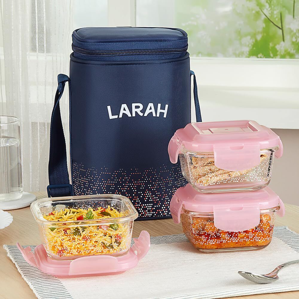 Speckle Pink Borosilicate Glass Lunchbox, 3pc Square Set (320ml x 3) Tiffin 3 Containers Glass Office Lunch Box-image-29