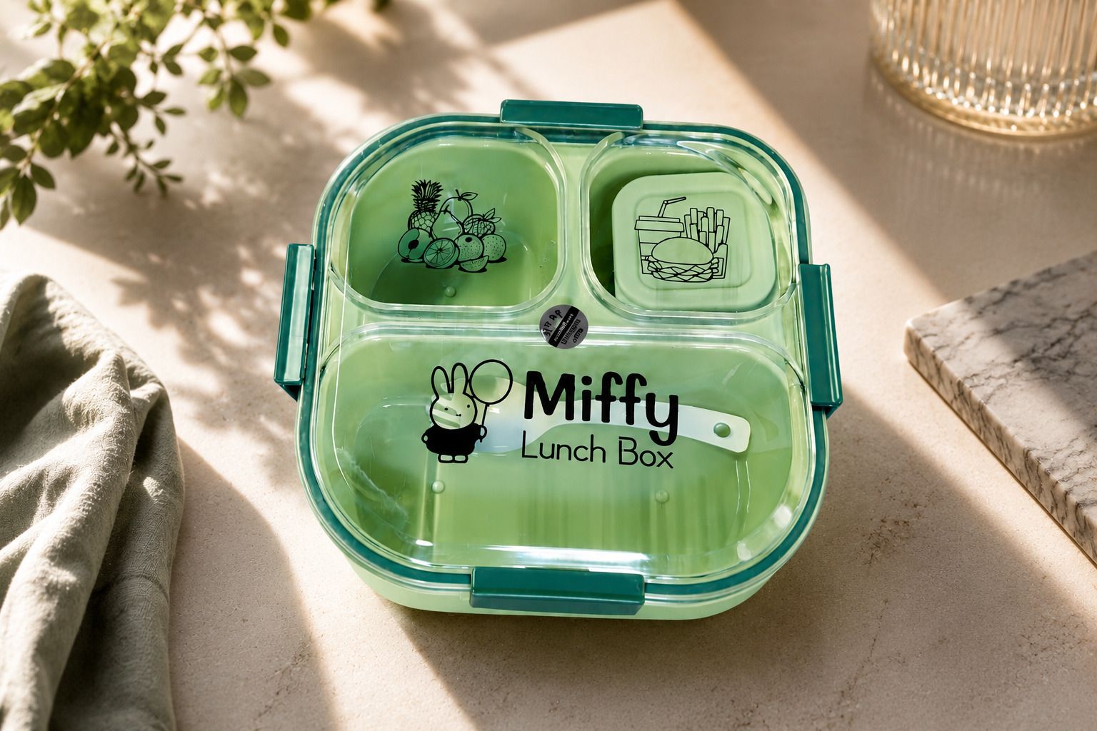 Green Miffy Lunch Box | Reusable Meal Prep Container with Compartments 3 Containers Plastic School Lunch Box-image-36
