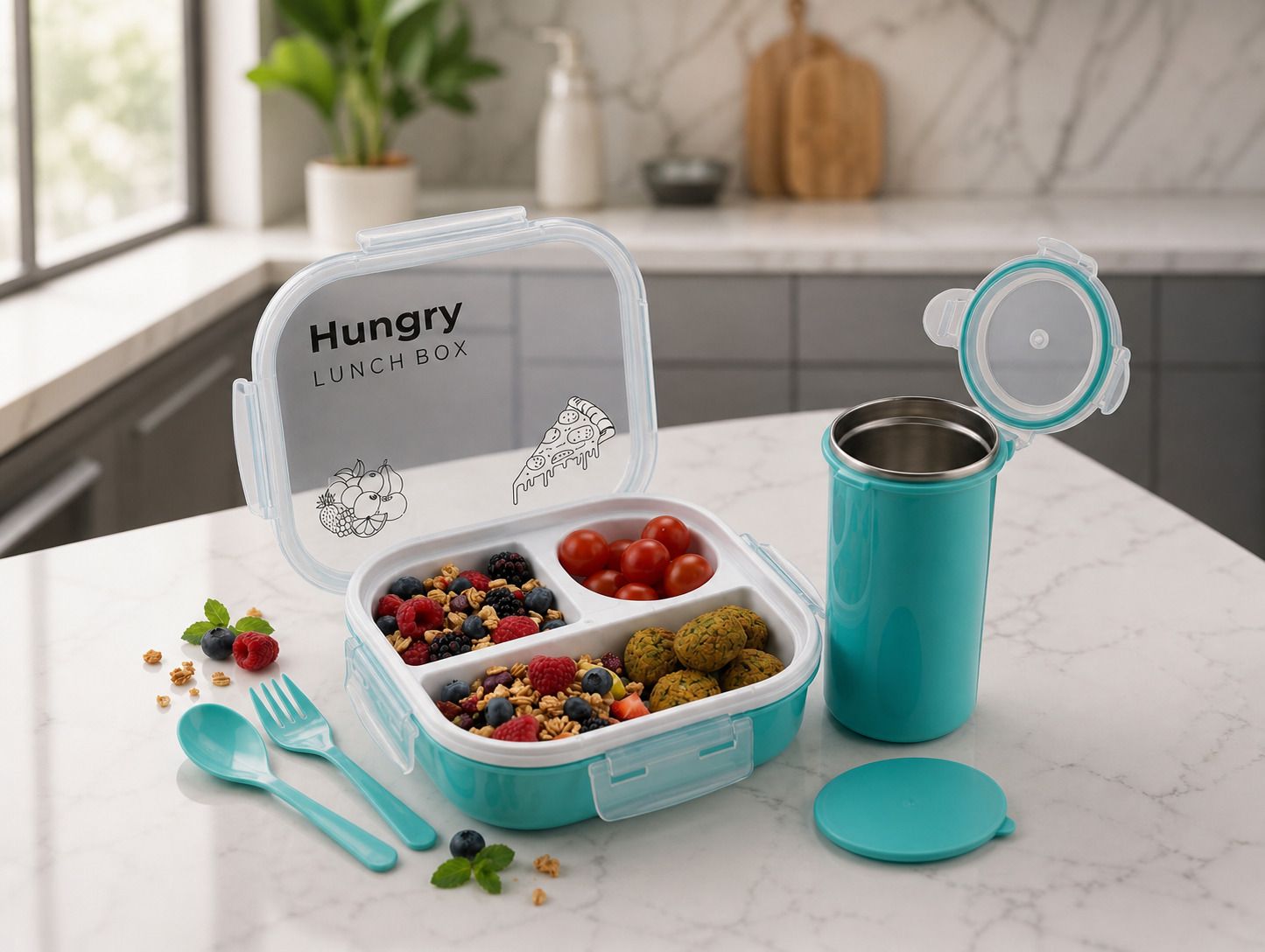3-Compartment Leak-Proof Bento Lunch Box Combo with Water Bottle 3 Containers Plastic School Lunch Box-image-39